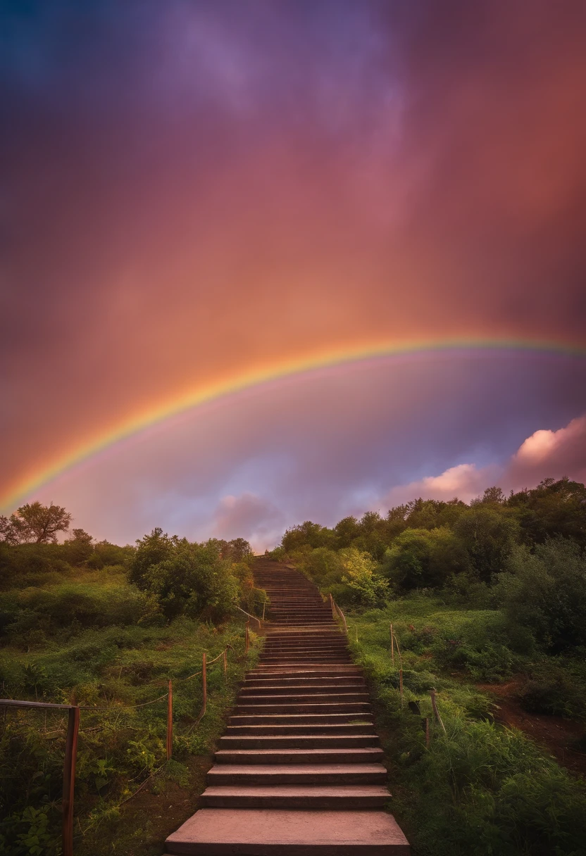 Close-up of the stairs leading to the rainbow sky, stairway to heaven, A very colorful heaven, stairs from hell to heaven, Leading to the Sky, Rainbow clouds, Colors of Heaven, Rainbow Trail, Colorful sky, Rainbow clouds, Heaven!!!!!!!!, rainbow, Rainbow colors, Psychedelic sky, In beautiful colors, Irridescent color, colorful dream, colorful skies