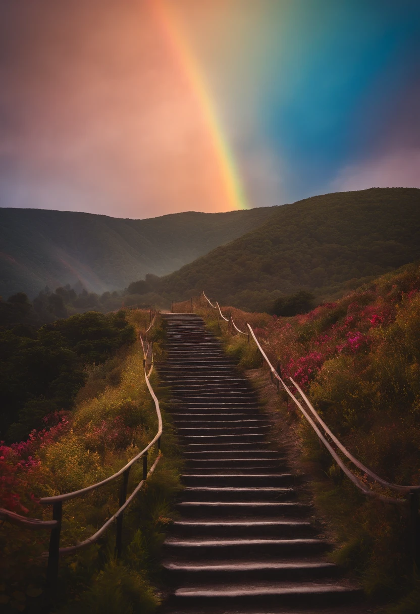 Close-up of the stairs leading to the rainbow sky, stairway to heaven, A very colorful heaven, stairs from hell to heaven, Leading to the Sky, Rainbow clouds, Colors of Heaven, Rainbow Trail, Colorful sky, Rainbow clouds, Heaven!!!!!!!!, rainbow, Rainbow colors, Psychedelic sky, In beautiful colors, Irridescent color, colorful dream, colorful skies