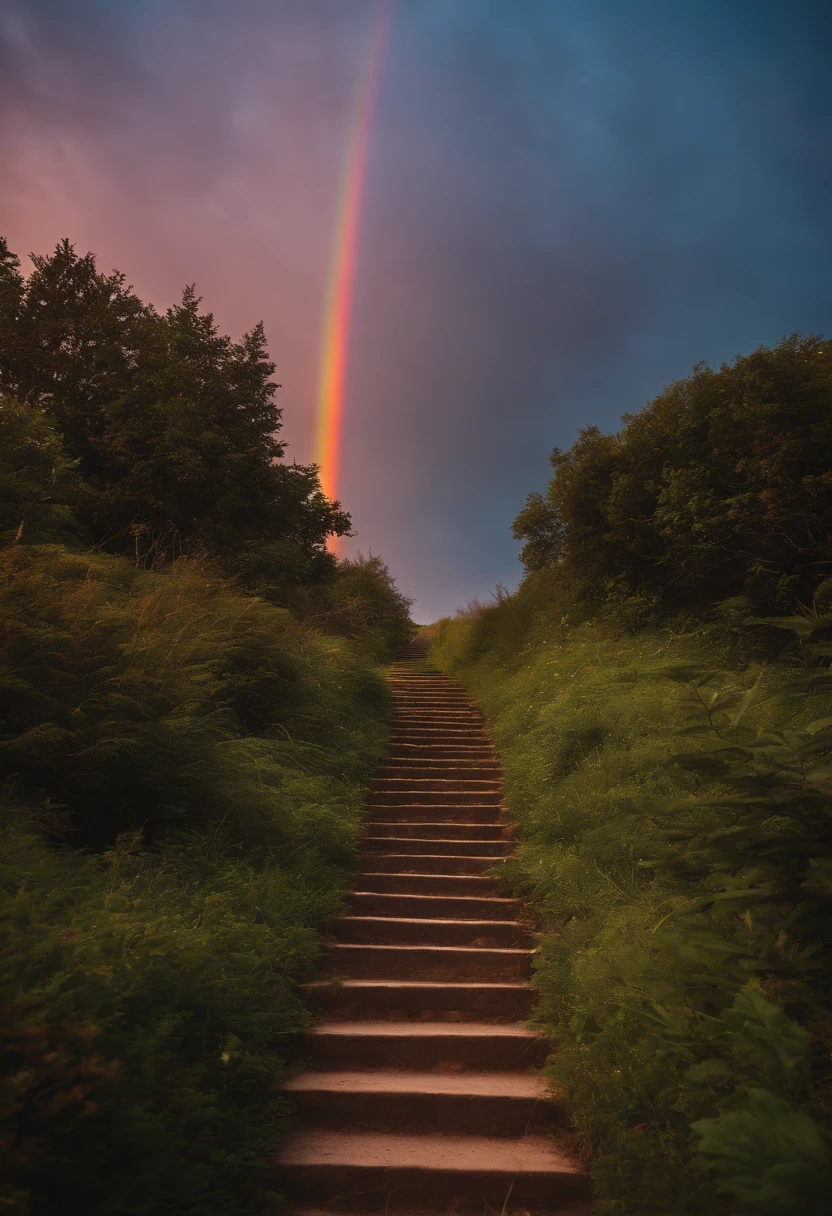 Close-up of the stairs leading to the rainbow sky, stairway to heaven, A very colorful heaven, stairs from hell to heaven, Leading to the Sky, Rainbow clouds, Colors of Heaven, Rainbow Trail, Colorful sky, Rainbow clouds, Heaven!!!!!!!!, rainbow, Rainbow colors, Psychedelic sky, In beautiful colors, Irridescent color, colorful dream, colorful skies