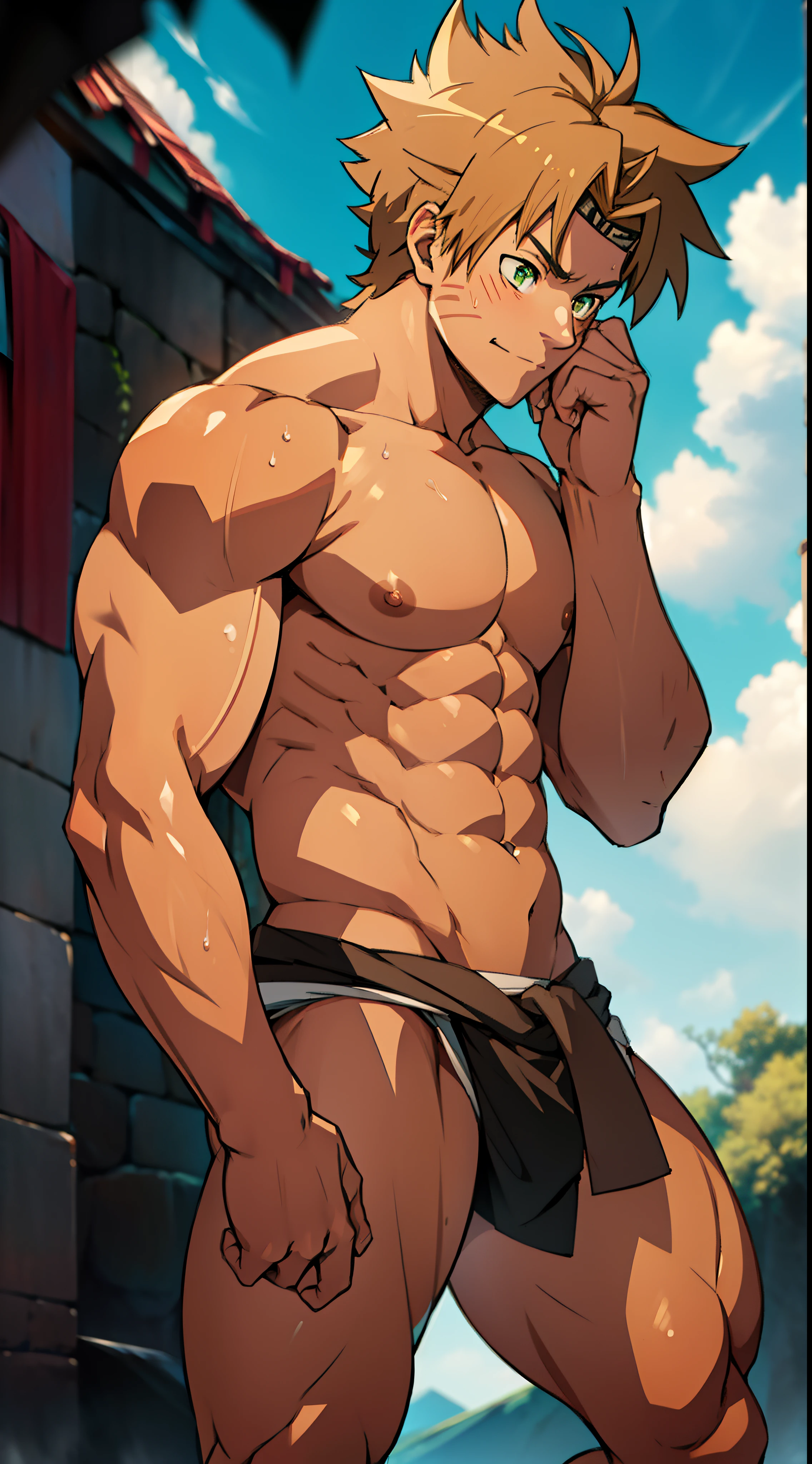 Red skin, rosy skin, shiny skin , bright red skin, the boy blushed shyly (muscular thigh muscles )(Naruto anime style, art) (photo angle from bottom up) (photo angle from the ground upwards) [Anime photo][highest quality photo][4k,HD photo quality ] wear tight and short loincloths ,the loincloth bulges due to the erect male genitals (muscular thigh muscles, firm thigh muscles, muscular thigh muscles, sinewy thigh muscles, giant thigh muscles, strong leg muscles, muscular hamstring leg muscles)(thigh muscles bulging as if about to explode, muscular, calloused, sinewy, giant) , Rudeus Greyrat, shy, pondering, thinking, pensive, tired, bodybuilder,bodybuilding, standing, lots of sweat flowing down, topless, shirtless, hot sunny, 8 pack abs , short hair , green eyes