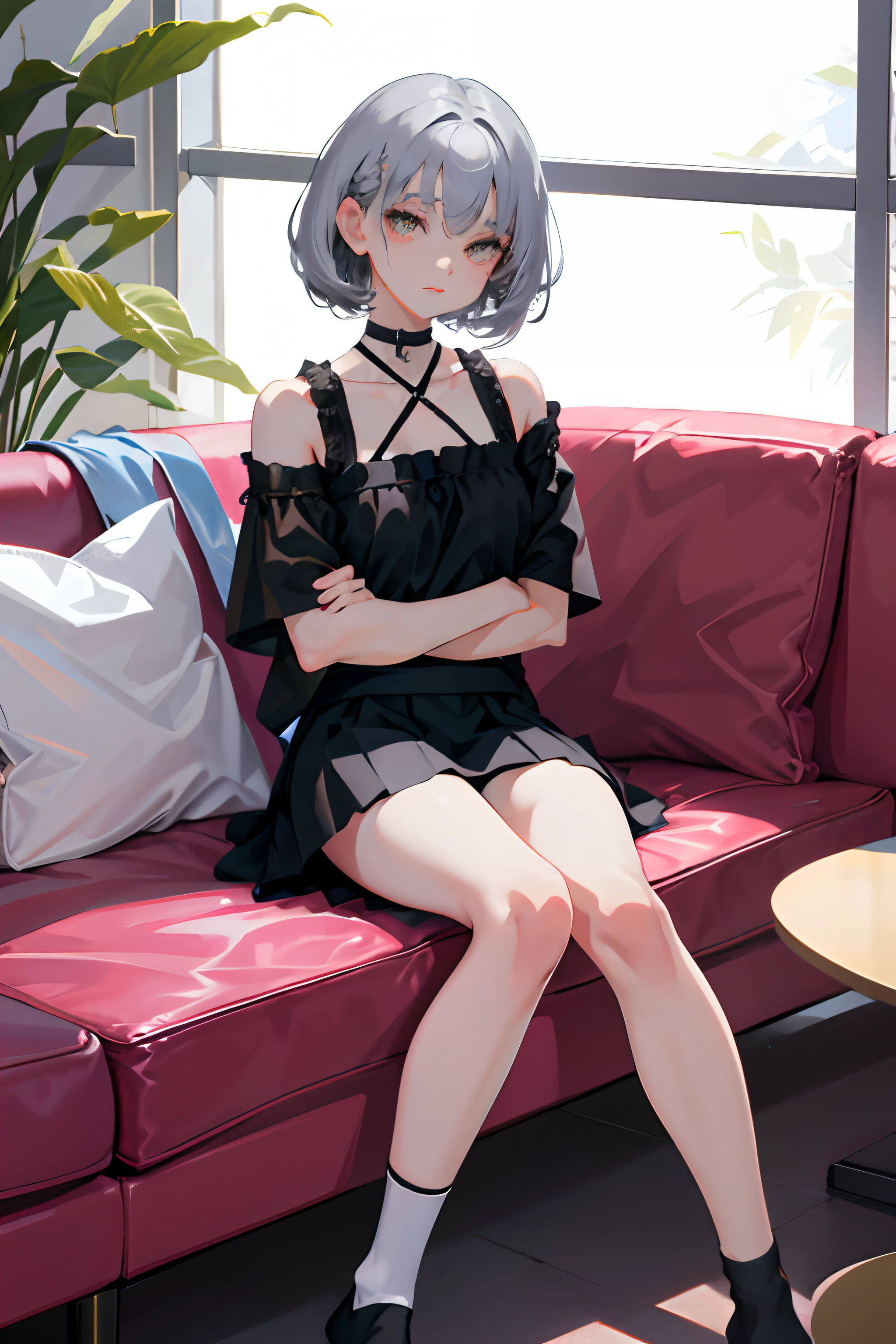 ，((Cross your arms over your chest))，（tmasterpiece，Highest quality），zettai ryouiki，upper legs，pleatedskirt，short sleeved top，pupils，silber hair，blackigeyes，Short curly hair，Black socks，Thin leg，sitting in the couch