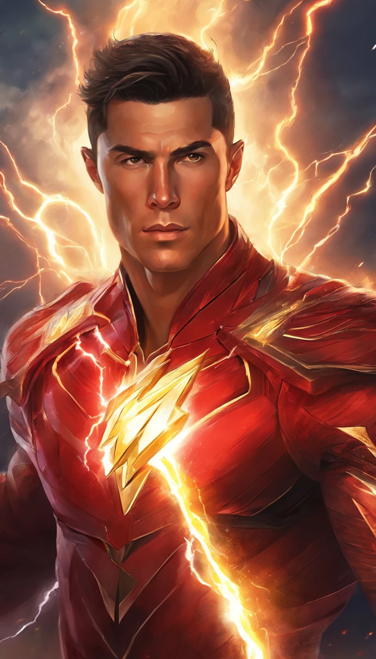 CRISTIANO RONALDO,SIUU,Flash pose, lightning hand, warrior,red eyes,golden electric power,holding a lightning bolt