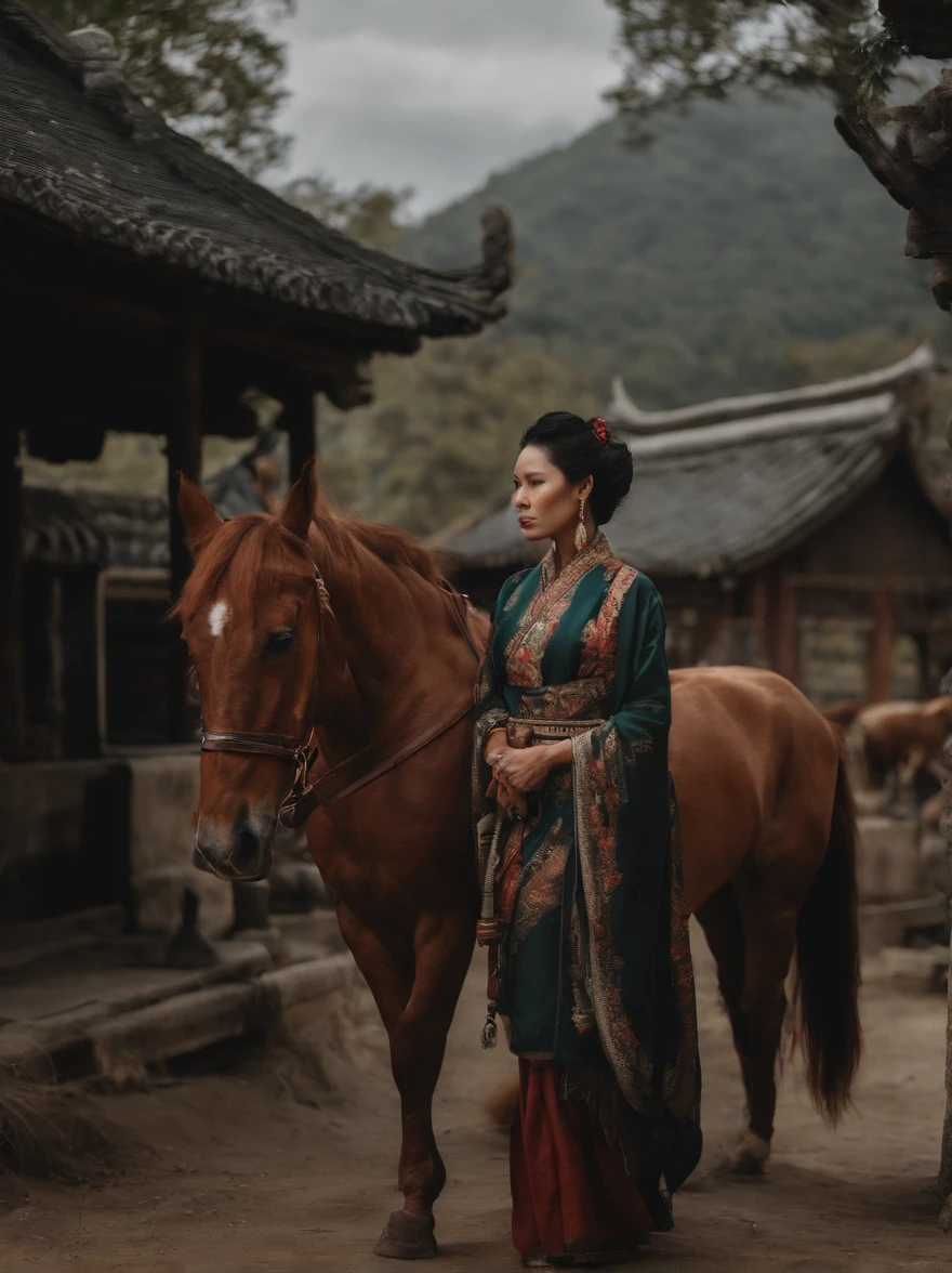 Top image quality、(Beautuful Women)、idol、Military general、three kingdom、Red kimono、The jacket is slightly torn、Holding a spear、Straddling a horse、Brown horse、Best Quality、Soaring sand smoke