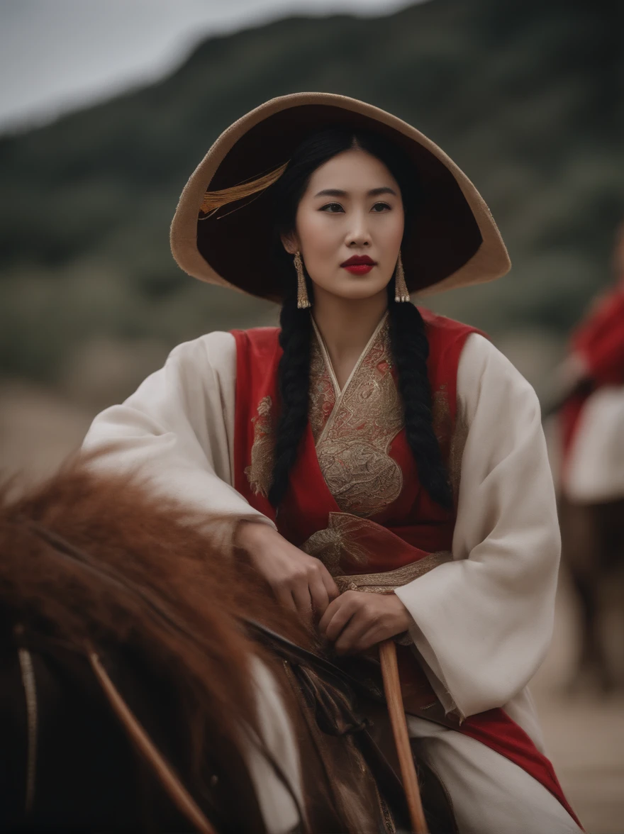 Top image quality、(Beautuful Women)、idol、Military general、three kingdom、Red kimono、The jacket is slightly torn、Holding a spear、Straddling a horse、Brown horse、Best Quality、Soaring sand smoke