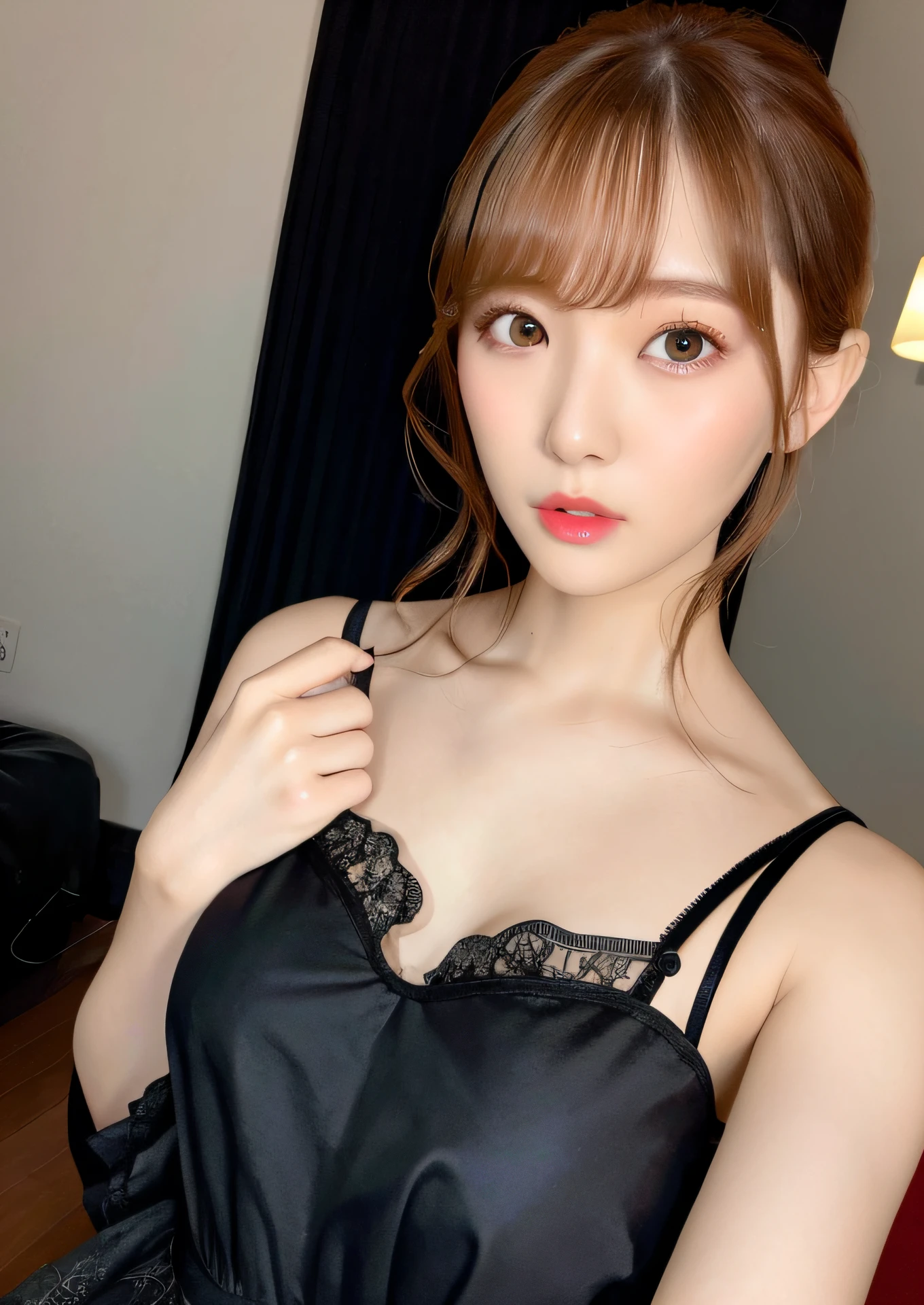 masterpiece, best quality,, photorealistic, 1girl, flat bangs, stunning innocent symmetry face, shirt, emotional, ulzzang, (PureErosFace_V1:0.7), japeneseteacher, Blonde hair, red eyes, facing viewer, front view, BLAck lace dress