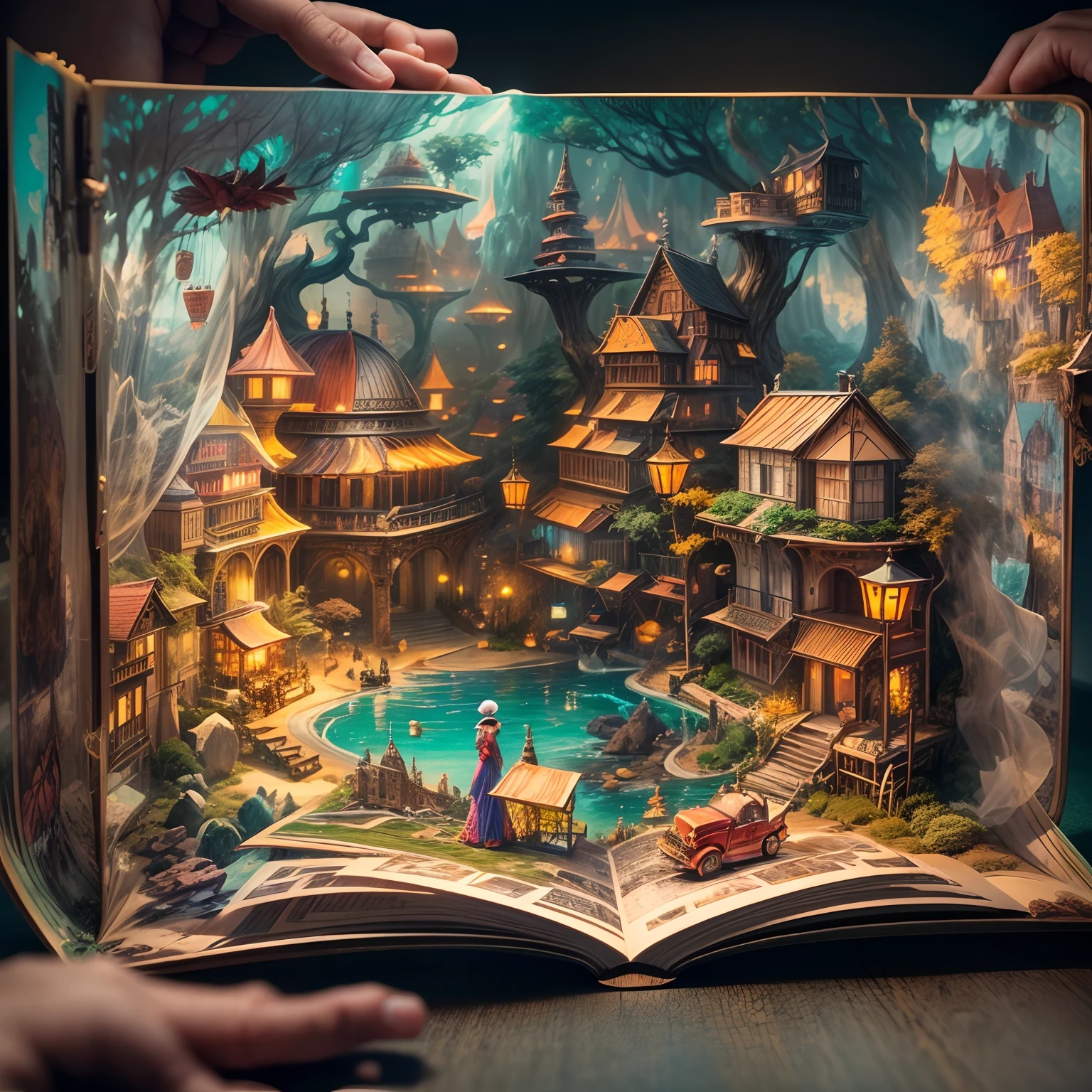 Pop-up Books:1.5),(Scenery),(highly colorful, Best Quality, detaileds, masutepiece, offcial art, Cinematic lighting, 4K, Chiaroscuro)、Woman in Hat、
