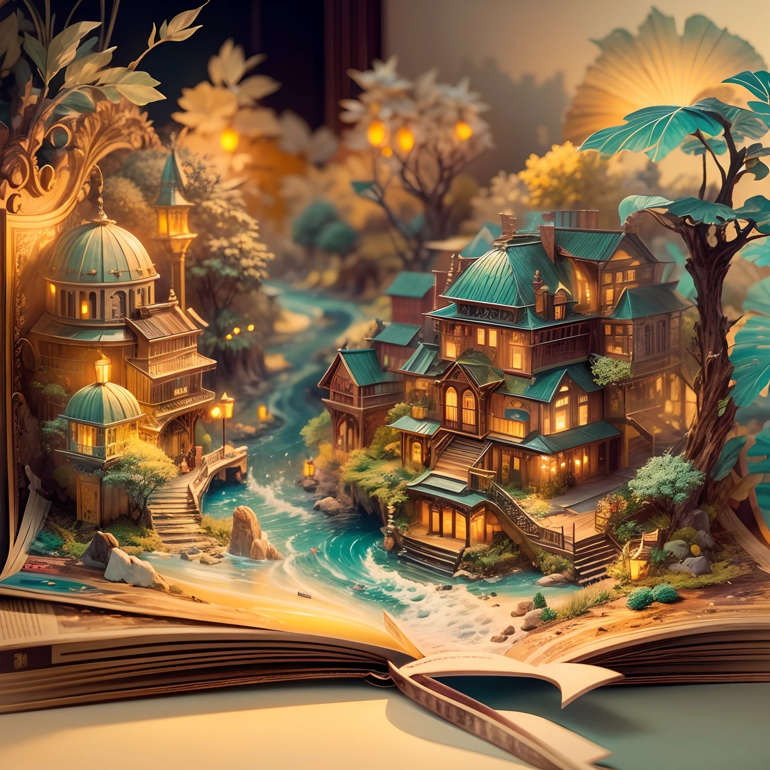 Pop-up Books:1.5)，(Scenery)，(highly colorful, Best Quality, detaileds, masutepiece, offcial art, Cinematic lighting, 4K, Chiaroscuro)、Woman in Hat、