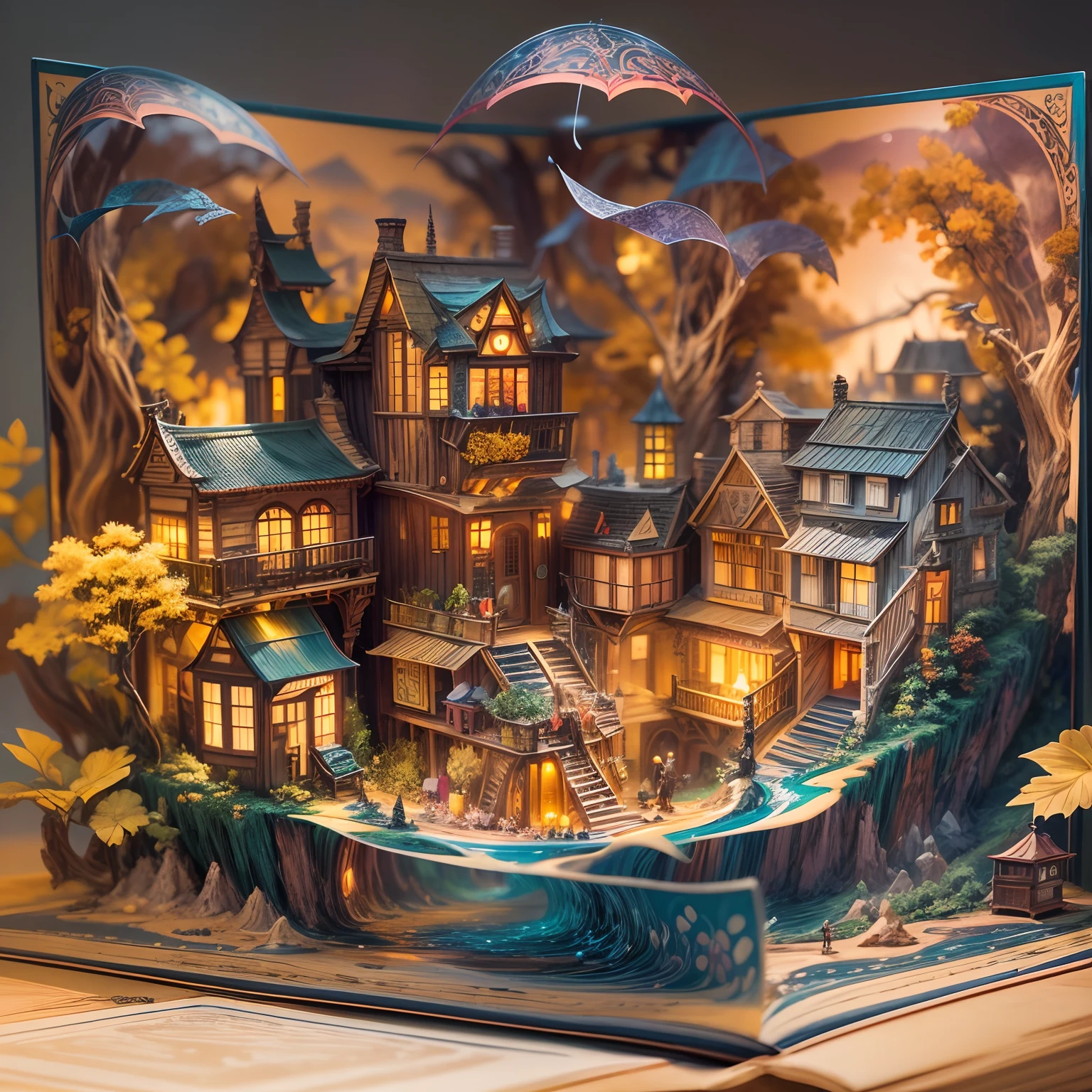 Pop-up Books:1.5),(Scenery),(highly colorful, Best Quality, detaileds, masutepiece, offcial art, Cinematic lighting, 4K, Chiaroscuro)、Woman in Hat、