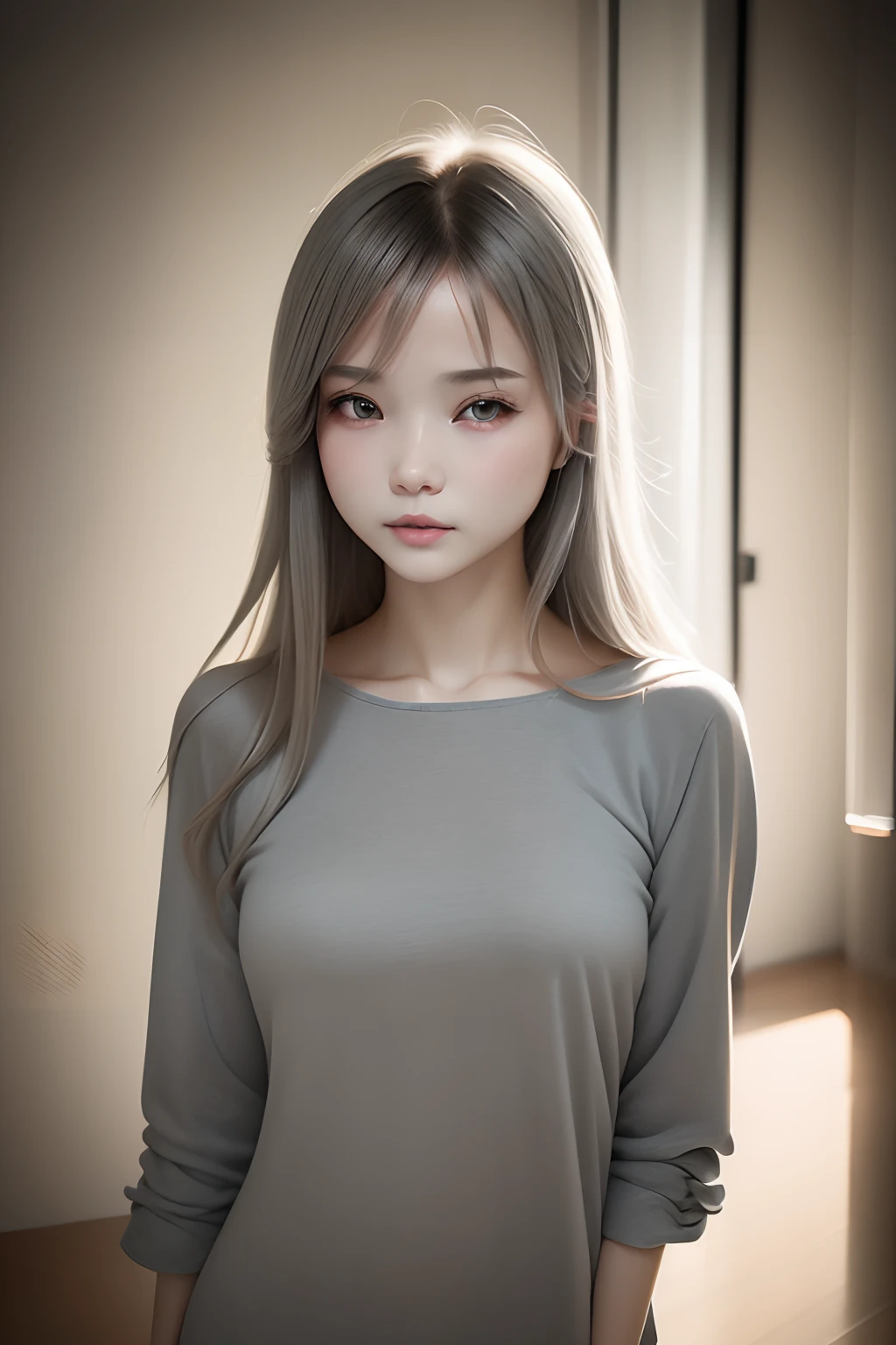 (((Gray world:1.3)))、Best Quality, masutepiece, High resolution, (((1girl in))), sixteen years old,(((Eyes are gray:1.3)))、Gray dress、((gray shirt:1.3、Grey Block Dress)), Tindall Effect, Realistic, Shadow Studio,Ultramarine Lighting, dual-tone lighting, (High Detail Skins: 1.2)、Pale colored lighting、Dark lighting、 Digital SLR, Photo, High resolution, 4K, 8K, Background blur,Fade out beautifully、Gray world