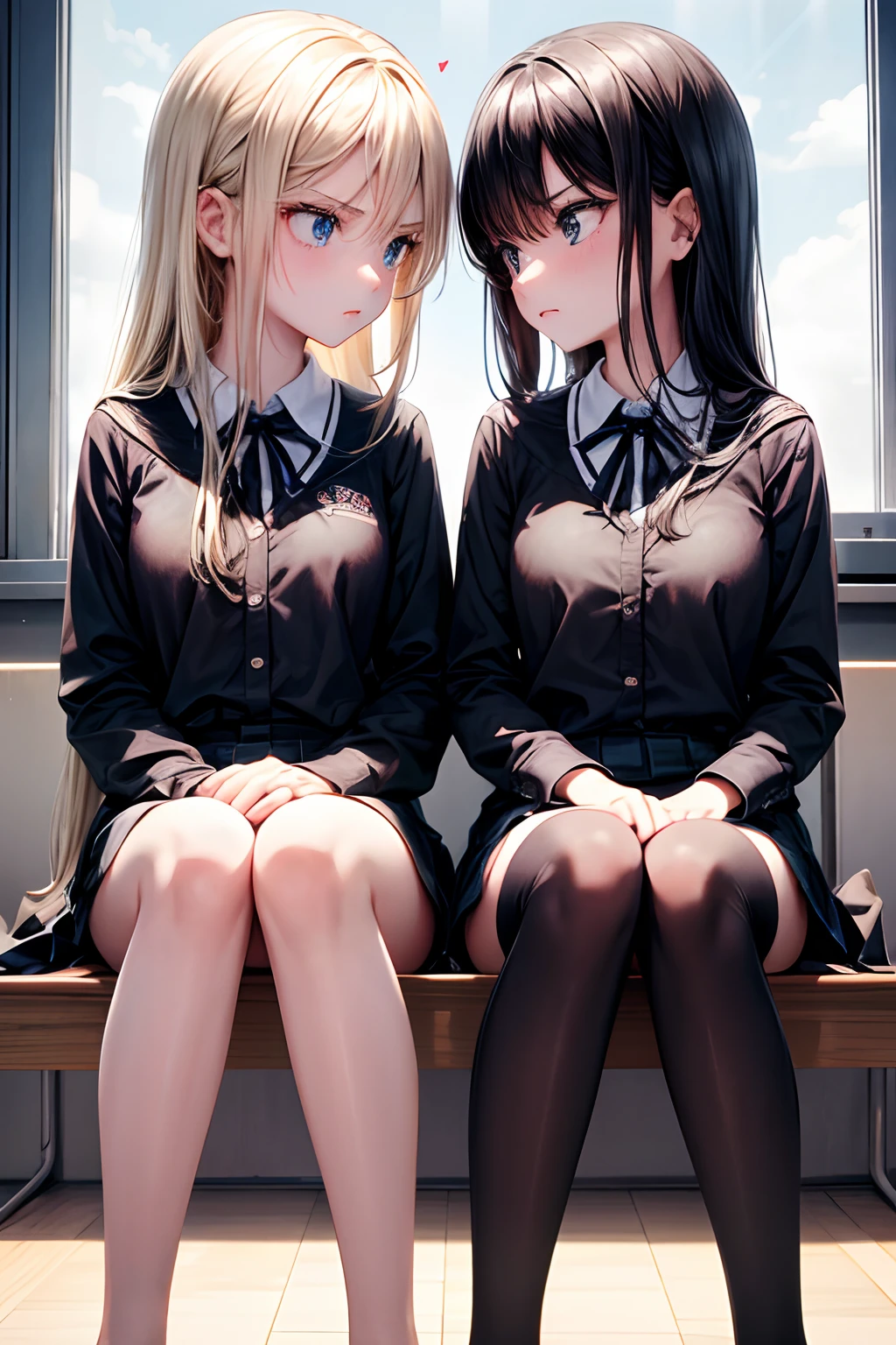 Two teenage girls,angry look,Equal stature,in class room,Black hair and blonde hair,Gaze face to face,Hold each other,The two bodies are close together