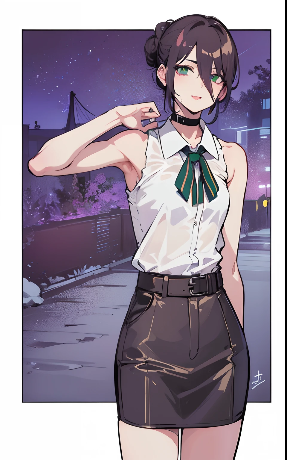 ((high resolution)), ((4k))
BREAK
dark Tokyo background,
BREAK
((reze)), ((bomb devil)), beautiful face, green eyes, light complexion, petite body, small breast, ((choker with grenade pin)), purple wavey short hair down to shoulders, hair in a bun, white vest shirt with collar and long bow tie, petite body, small breast, tight black slacks, nice ass
BREAK
Sticking tongue out