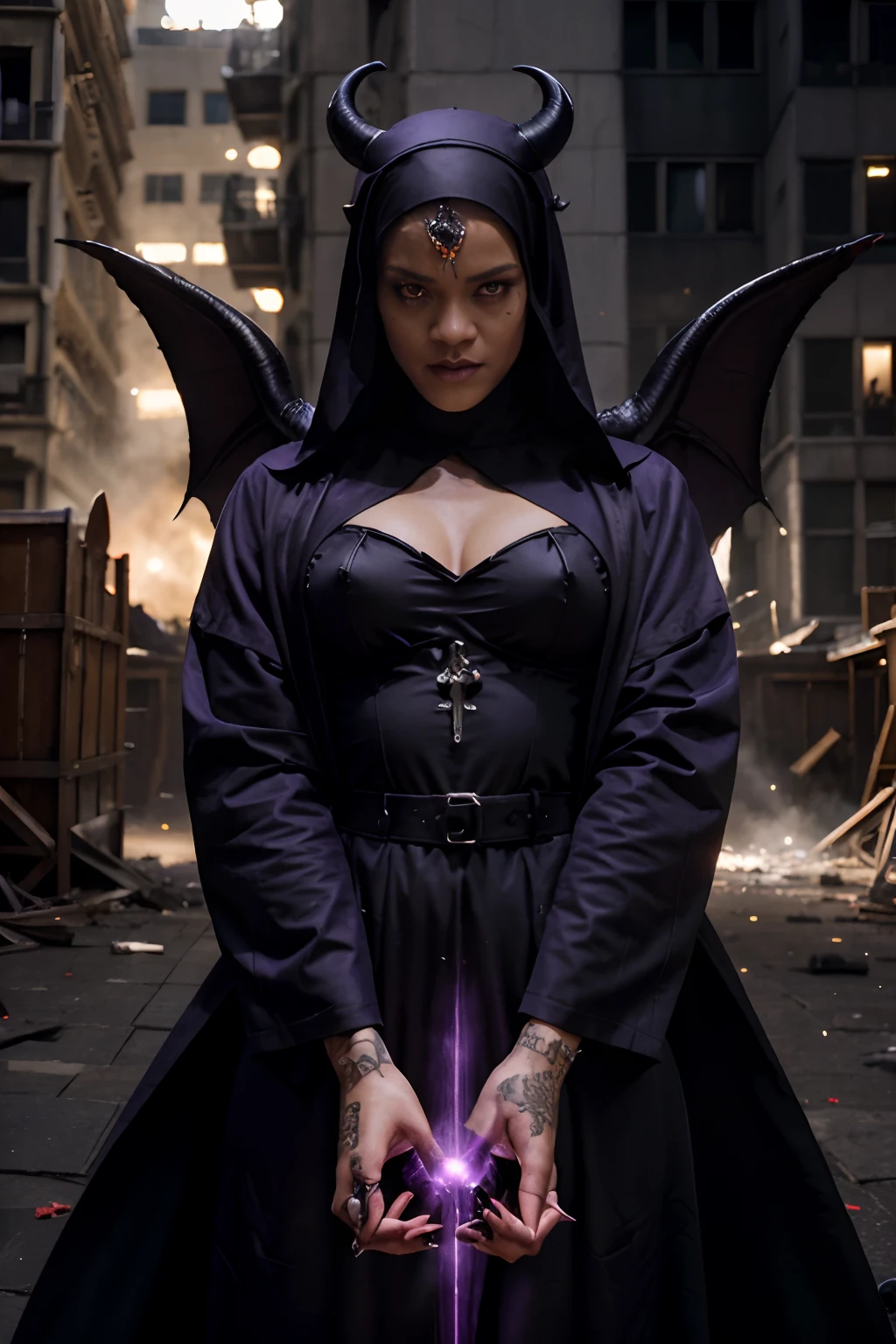 Rihanna as an evil nun,en robe de nonne sexy, Two Demon Horns on the head, rouge & Black Demon Wings, diabolique, insidieux, Dark and Sinister Satanic Church