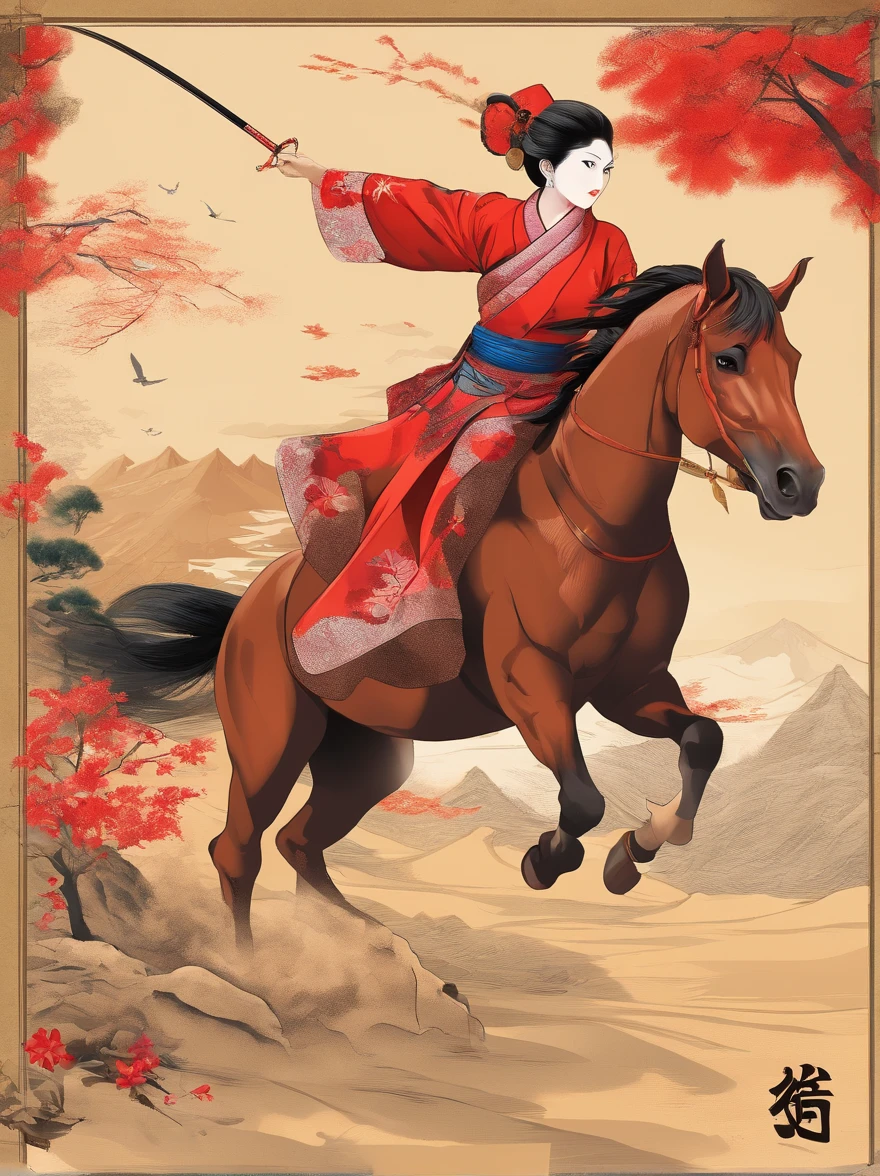 Top image quality、(Beautuful Women)、idol、Military general、Red kimono、The jacket is slightly torn、Holding a spear、Straddling a horse、Brown horse、Best Quality、Soaring sand smoke