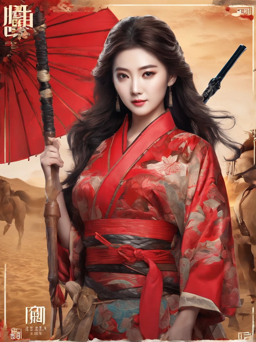 Top image quality、（Beautuful Women）、idol、Military general、Red kimono、The jacket is slightly torn、Holding a spear、Straddling a horse、Brown horse、Best Quality、Soaring sand smoke
