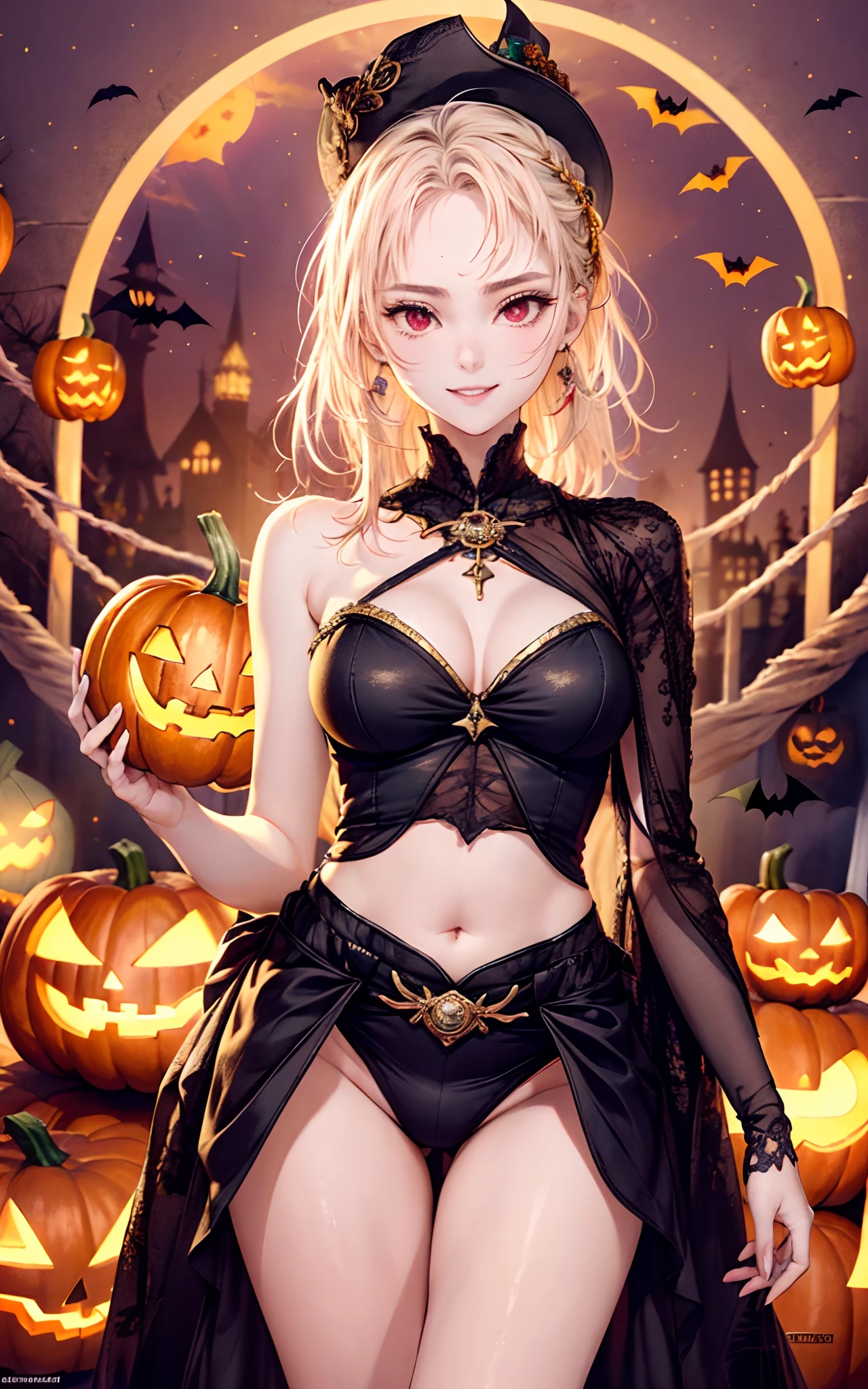 masutepiece,8K,(Lifelike,hight resolution:1.3), 1 girl with a perfect body, super fine face and eyes,nffsw, masterpiece, hightquality, high detailing, top-quality, Hi-Res, hard disk, 16 K, 8K,surrealism, 真实感, depth of fields, 电影灯光, Back lighting, F/1.8, Eye level shots, 35 mm, Hasselblad, extremely delicate and beautiful, ighly detailed, astonishing、finely detail, masterpiece, top-quality, Official art, a beautiful detailed girl、(cowboy shot:1.25)、(Serious smile:1.35)、extremely detailed eye and face、beatiful detailed eyes、Facial light、18year old、(Halloween Cosplay:1.3)、(Red eyes:1.2),(Fantasy themed clothing:1.3)、Detailed clothing、(Straight hairstyle:1.2)、detailed hairs、(slender:1.15)、(huge-breasted:1.25)、perfectly proportions、(Pumpkin Ghost:1.25)、细致背景、(looking at the viewers、Facing your audience:1.15)、(Seductive Model Pose)、leaning-forward、Lots of lanterns、Dark atmosphere at midnight、