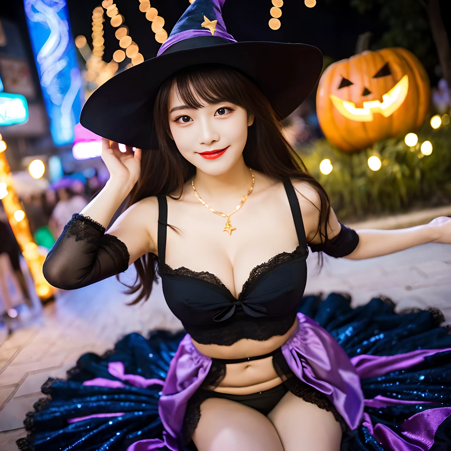 /*Quality writing*/
of the highest quality, 16 K, masutepiece, hyperdetailed face, very detailed lips, Detailed eyes, Realistic pupils,
BREAK,
/*Characters and expressions*/
(Extremely beautiful girl:1.3), Asian Girl, 1 girl, Light on Face, 18 years old, (((Very sweet smile))),
BREAK
/*garments*/
(Gothic fashion:1.1), See-through, Fluffy ruffles, (Gothic Maid:1.1), (Bright Purple Rouge:1.2), (Bewitching costumes:1.3), (Purple and yellow shades:1.2), (Extravagant ruffles and lace:1.2), (voluminous skirt:1.3), (Emphasized sufficient cleavage:1.1), Enjoy Halloween, (witch's hat), (Golden Pendant Necklace),
BREAK
/*Pose*/
(Lift the hem of the skirt, Lift the hem of the skirt with both hands, Lift the hem of the skirt yourself), (Show panties:1.3), nice hand, Perfect hands,
BREAK
/*Angular posture*/
(Sparkling night sky:1.2), (Festive carnival atmosphere:1.3), (lots of flower:1.2), carnival, Halloween, Town, (Halloween Party:1.2), jack-o-lanterns, Bat, Looking at Viewer