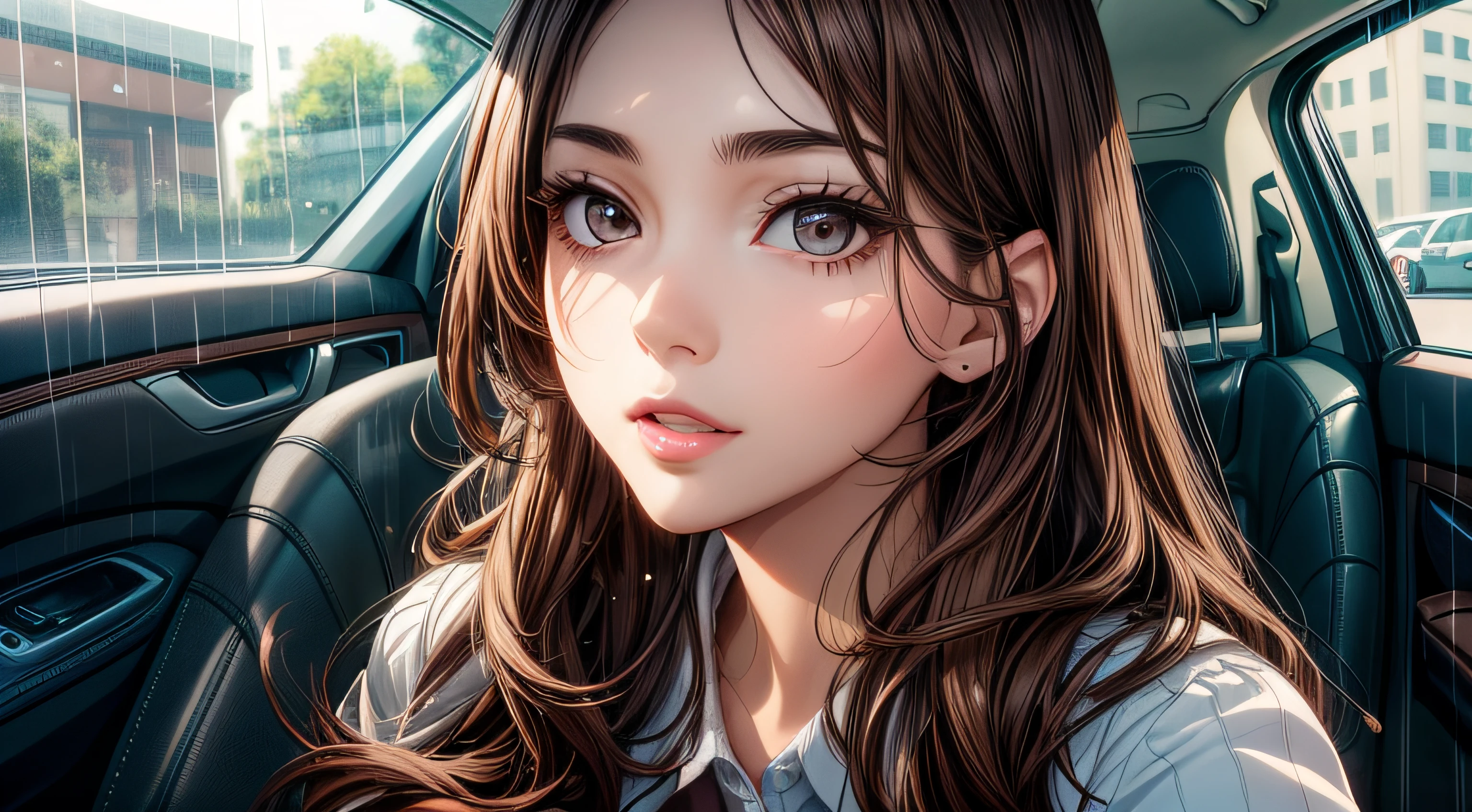 Best Quality, masutepiece, beautiful mature women、Beautiful face、Strong-minded woman、Office Suits、brown haired、Brown-eyed、Longhaire、Undersized eyes、inside of a car、passenger seat、Brown skirt, touching her face, luminism. full body, rainy day