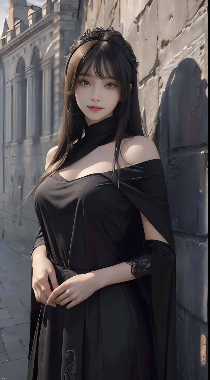 (A hyper-realistic)、(illustratio)、(hight resolution)、(8K)、(ighly detailed)、(Best Illustration)、(beautifully detailed eyes)、(top-quality)、(ultra-detailliert)、(​masterpiece)、(wall-paper）、（A detailed face）、solo、1 girl in、looking at viewert、fine detailed、A detailed face、in the darkness nigth、deep-shadows、lowkey、pureerosfaceace_v1、A smile、long、Black shawl straight hair、46-point diagonal bangs,　（silk dresses、long  skirt）(off shoulders）View of the castle、、Stand against the wall