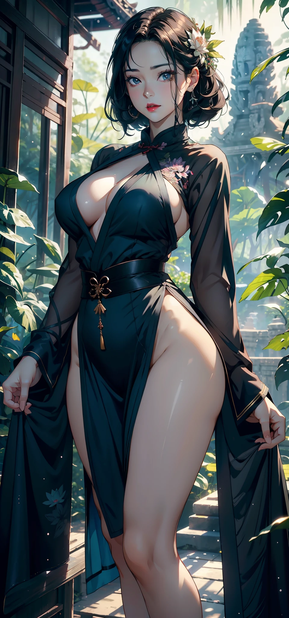 1female，45 yers old，Married Woman，熟妇，mature，plumw，extremely large bosom，Big breasts Thin waist，long leges， 独奏，（Background with：，Angkor Wat，the rainforest，lotus flower，ponds） She has short black hair，bobo head，，seen from the front， standing in forest， mostly cloudy sky，（（（tmasterpiece），（Very detailed CG unity 8K wallpaper），best qualtiy，cinmatic lighting，detailed back ground，beatiful detailed eyes，Bright pupils，Black eyes，Snow-whiteskin，Redlip（Very fine and beautiful），（Beautiful and detailed eye description），ultra - detailed，tmasterpiece，））facing at camera，A high resolution，ultra - detailed），revealing breasts，Bare genitalia，  Bulge，legs are open，Raised sexy，Camel toes，Flushed complexion，Desire for dissatisfaction，frontage，Ancient China（Wearing：，Green cheongsam）
