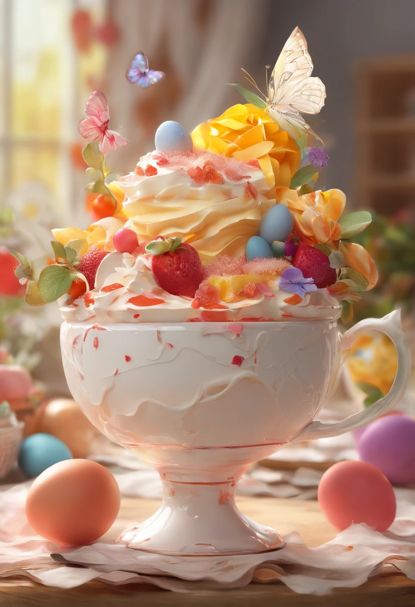 illustration， a 3D render (Whipped cream cake)Place in a teacup), (Flowers, morango, Fruits, Butterflies,),Photography,A beautiful painting by Alphonse Mucha,glaze,An atmosphere of happiness,rendering by octane,corona rendered,High detail,hyper qualit,high resolution,8KUkiyo-e art,dripping paint,Easter eggs,Egg garnish,glass paint,