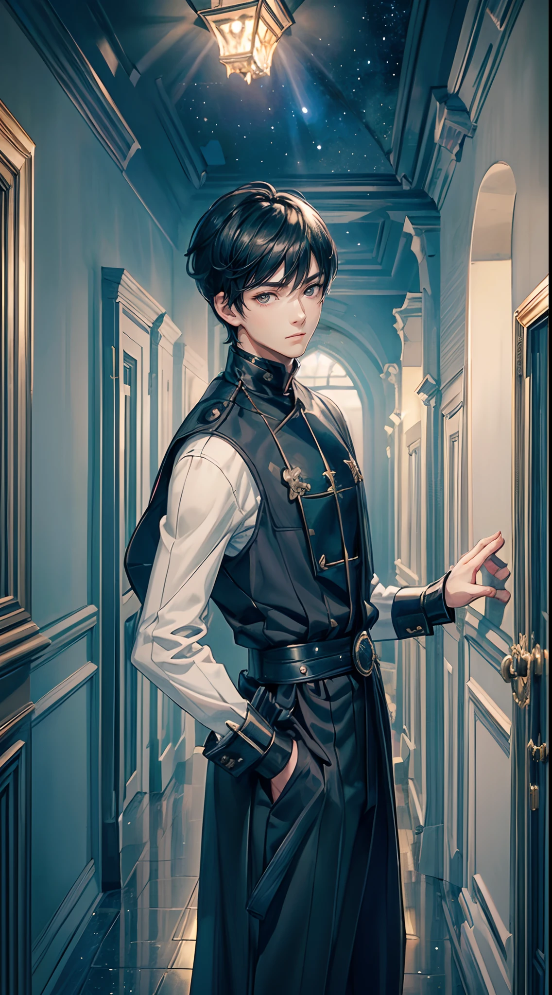 ((4K works))、​masterpiece、(top-quality)、One Beautiful Boy、Slim body、tall、((Attractive British style))、(Detailed beautiful eyes)、In the English corridor、Castle inhabited by villains、Black shop window、Corridor at night、((You can see the starry sky from the window))、((dark sky))、((English corridors))、((Shot in a corridor in England))、mid night、((Short-haired black hair))、((Smaller face))、((Neutral face))、((White eyes))、((American adult male))、((Adult male 26 years old))、((Cool Men))、((Like a celebrity))、((Gentle look))、((Korean Makeup))、((elongated and sharp eyes))、((Happy dating))、((boyish))、((Upper body photography))、Professional Photos、((Shot alone))、((Shot from diagonally in front))、((Shot in close proximity to him))、((Focus zoom in))、((He is standing in the hallway))