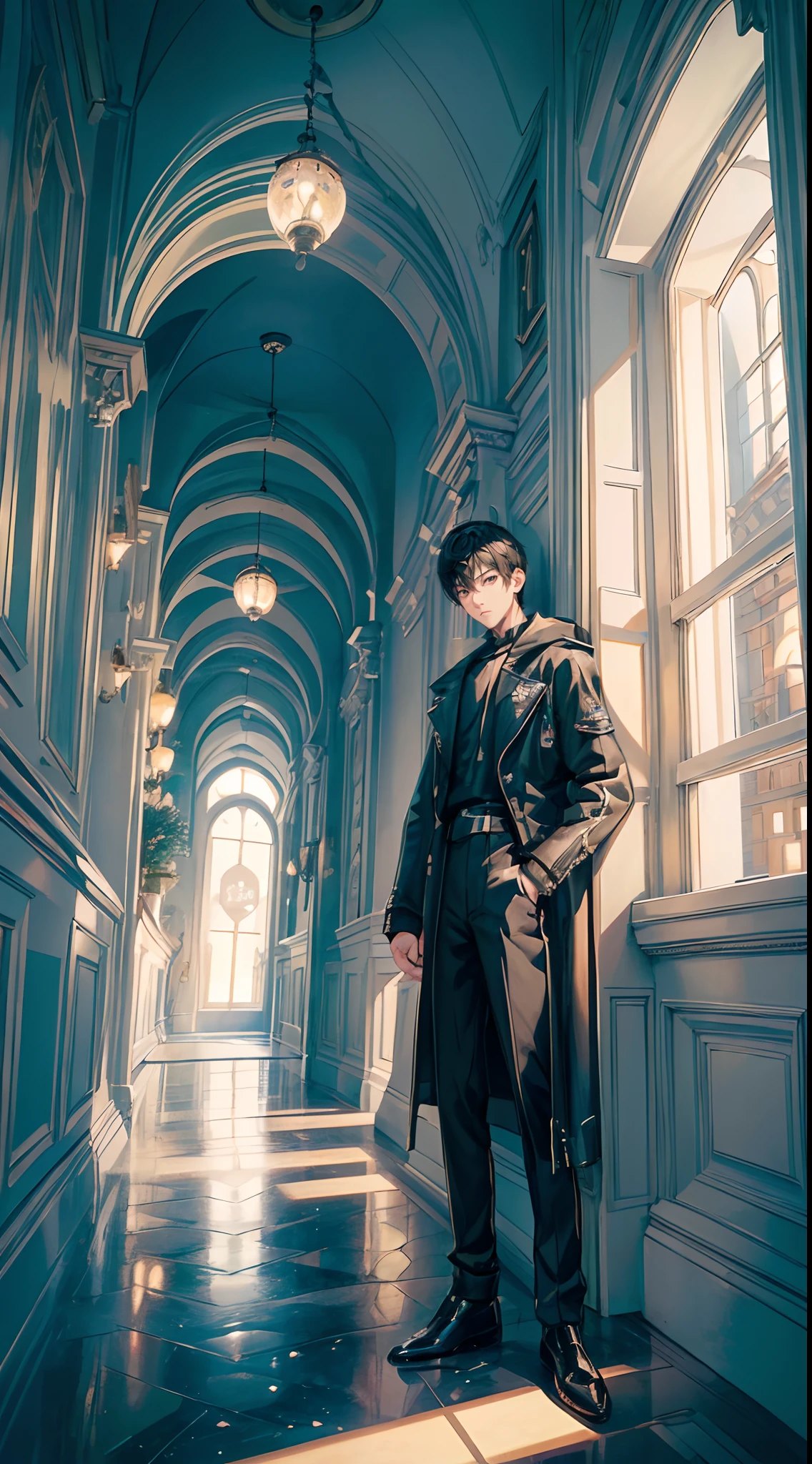 ((4K works))、​masterpiece、(top-quality)、One Beautiful Boy、Slim body、tall、((Attractive British style))、(Detailed beautiful eyes)、In the English corridor、Castle inhabited by villains、Black shop window、Corridor at night、((You can see the starry sky from the window))、((dark sky))、((English corridors))、((Shot in a corridor in England))、mid night、((Short-haired black hair))、((Smaller face))、((Neutral face))、((White eyes))、((American adult male))、((Adult male 26 years old))、((Cool Men))、((Like a celebrity))、((Gentle look))、((Korean Makeup))、((elongated and sharp eyes))、((Happy dating))、((boyish))、((Upper body photography))、Professional Photos、((Shot alone))、((Shot from diagonally in front))、((Shot in close proximity to him))、((Focus zoom in))、((He is standing in the hallway))