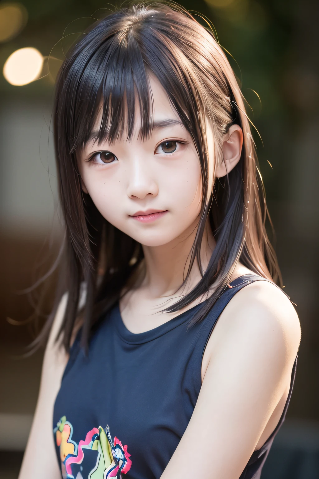 masutepiece, Best Quality, 8K, 15yo student, Teen, Raw photo, absurderes, award winning portrait, Smile, Smile, Solo, Night, neons, Idol face, violaceaess, gardeniass, Delicate girl, Upper body, Digital SLR, Looking at Viewer, Candid, Sophisticated, zora々Right, Thin arms, Professional Lighting, Film grain, chromatic abberation, (Eyes and faces with detailed:1.0), (Bokeh:1.1)
