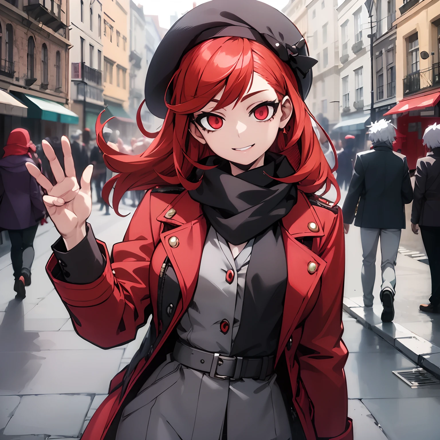 Anime - style image of a woman in a red coat and hat on a city street, Digital anime illustration, Arte no estilo de Guweiz, de meninas da linha de frente, visual anime de uma menina bonito, arte de anime digital, trending on artstation pixiv, estilo anime 4K, meninas estilo linha de frente, Persona 5 Estilo Arte wlop, retrato bonito do anime