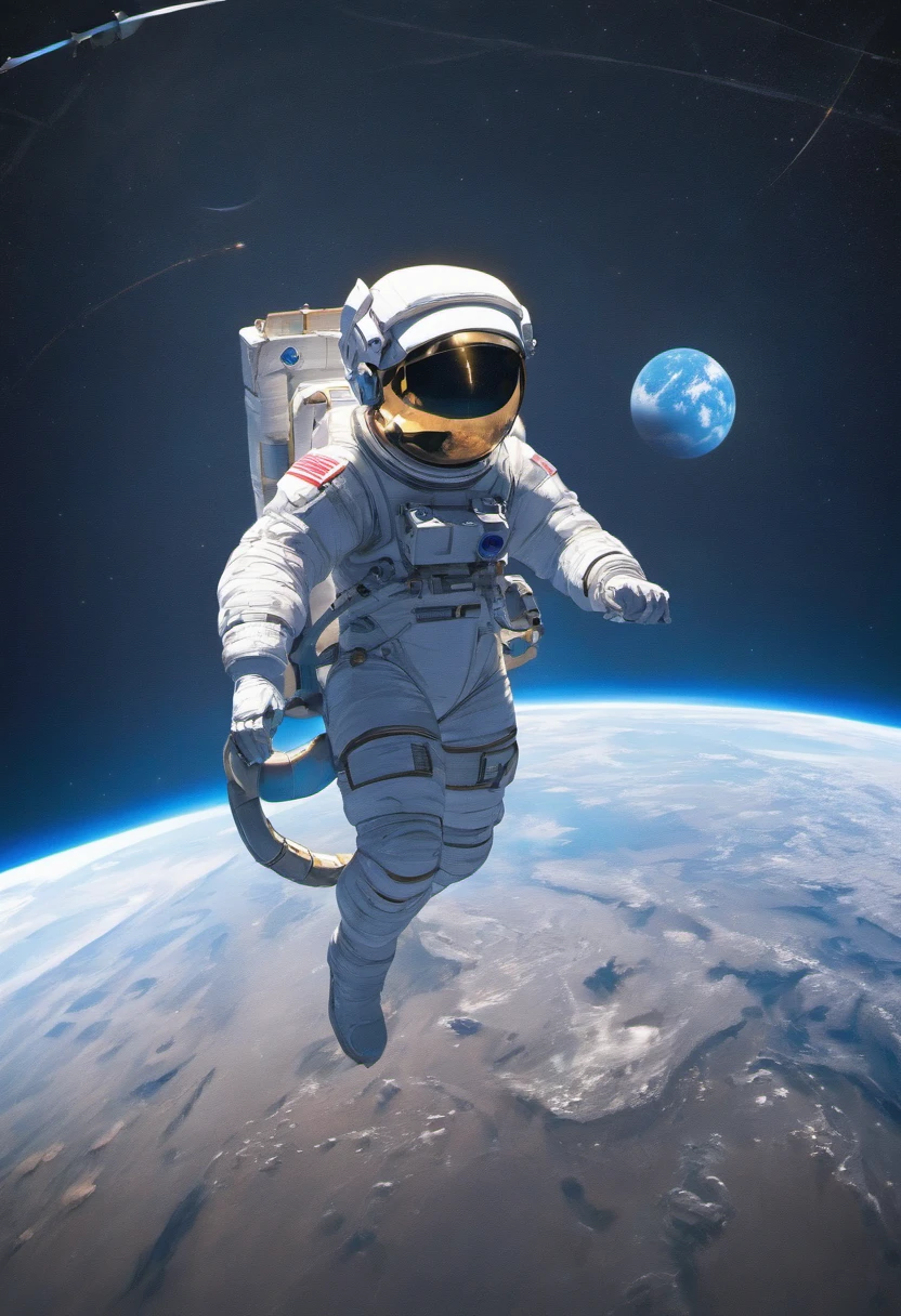 1 astronaut, shelmet, space suit, (floating in zero gravity:1.2), planet earth, Lua, As estrelas, Spaceship, (Reflect sunlight:0.8), milky ways, (Distant galaxies:1.3), Broad, rocket launch, (exhaust gas:0.9), space station, (Cosmic microwave background:1.1), spacewalk, (Tied to a spaceship:1.4), (Repair satellites:1.2), (Weightless environment:0.7), (Communication equipment:0.8), (Explore new planets:1.3), (Collect samples:1.1), solar system, (Astronaut's reflection on the visor:0.9), (international space station:1.2), (An astronaut's perspective:1.3), (Re-entry into the atmosphere:1.4), (International cooperation:1.2), (View from inside the spacecraft:0.8), (Astronaut training:1.1), (moon landing:1.3), (Spacewalks in spacewalks):1.2), (Lunar Rover:1.1), (Explore the unknown:1.4), (The shadow of an astronaut on the surface of the moon:0.9), (Floating tool:0.8), (Majestic globe landscape:1.3), (Interstellar Travel:1.2), (Astronaut badge:0.8), (Spacecraft control:1.1), (Celestial navigation:1.3), (The astronaut's visor reflects the Earth:1.2), (Space travelling:1.4), (The astronauts' spacewalk was strapped to the spacecraft:1.5).