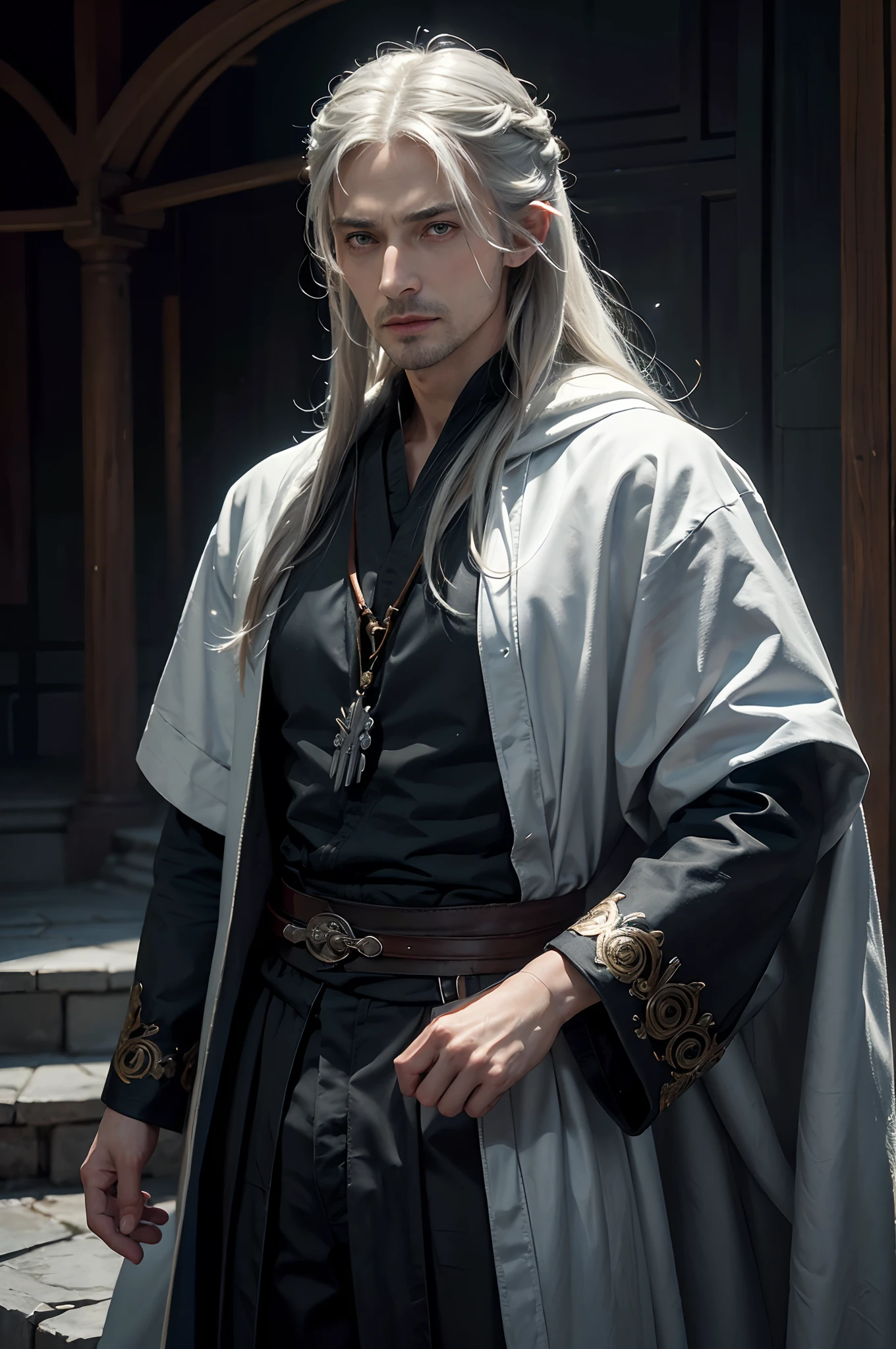 1man, 25 y/o, long white hair with back slit, masculine, stern man in judge blue robe, handsome young man, Legolas, Leon Scott Kennedy, Mads Mikkelsen, intricate, solo focus, realistic, dynamic pose realistic, detailed and correct facial structure, handsome, attractive, slightly muscular, cinematic lighting, unreal engine, trending on ArtStation, intricate details, masterpiece, best quality, by Irakli Nadar, Greg Rutkowski,(((best quality))),(((ultra detailed))),(((masterpiece)))