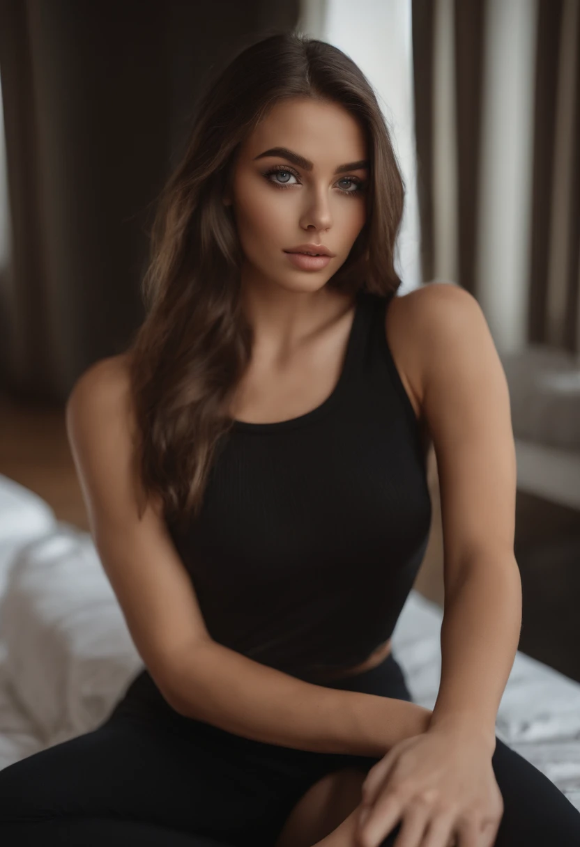 Mujer arafed con camiseta sin mangas y leggings a juego, Chica sexy con ojos marrones, Retrato Sophie Mudd, brown hair and large eyes, Ojos en el dormitorio, Violeta Myers, ohne Maquillaje, Maquillaje natural, Giro, To look at the camera, Risas, Cara con Artgram, dezentes Maquillaje, Impresionante foto de cuerpo completo, en el dormitorio, sexy, lindo trasero, 4k