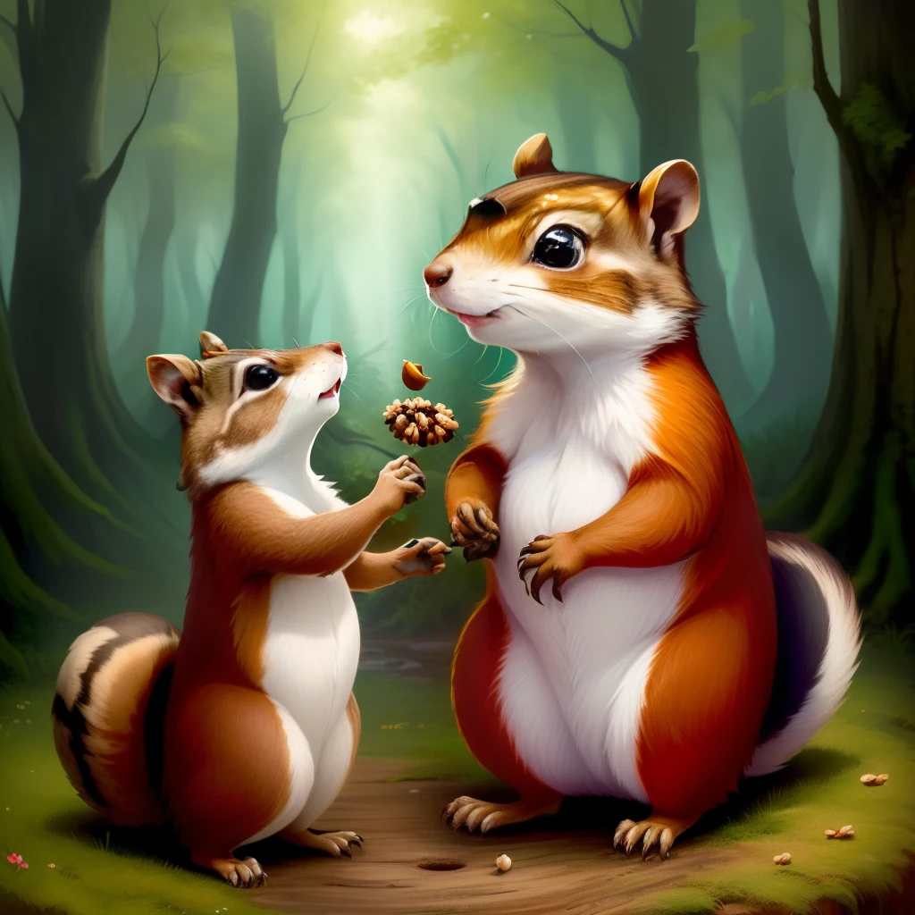 Will generate a picture of a funny little squirrel sharing a nut with a beaver, All this takes place in a fairytale forest and the animals are very cute