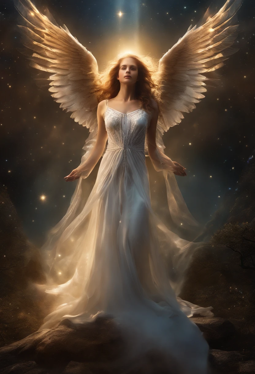 Create an The image portrays a celestial tapestry of vast proportions, with a cosmic backdrop of shimmering stars and nebulae that seem to stretch infinitely. Amidst this expanse, a majestic angelic figure arises, emanating a radiant glow. The angel is depicted with resplendent wings extended, denoting their ability to traverse between the heavenly and earthly realms.The countenance of the angel exudes a tranquil yet perceptive expression, encapsulating profound wisdom and divine intellect. Their celestial eyes emit a gentle, luminescent gleam, representing their spiritual presence and the depth of their understanding, biblical, epic scene