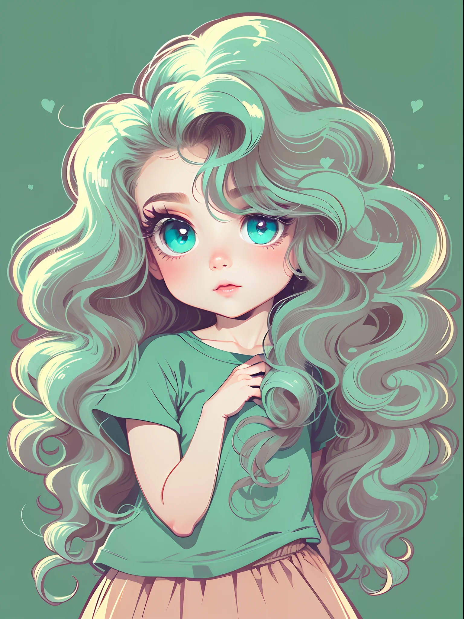 High quality design vector style image, T-shirt print style,  s。Huge long hair。curlies。Big turquoise eyes。 Vector image.