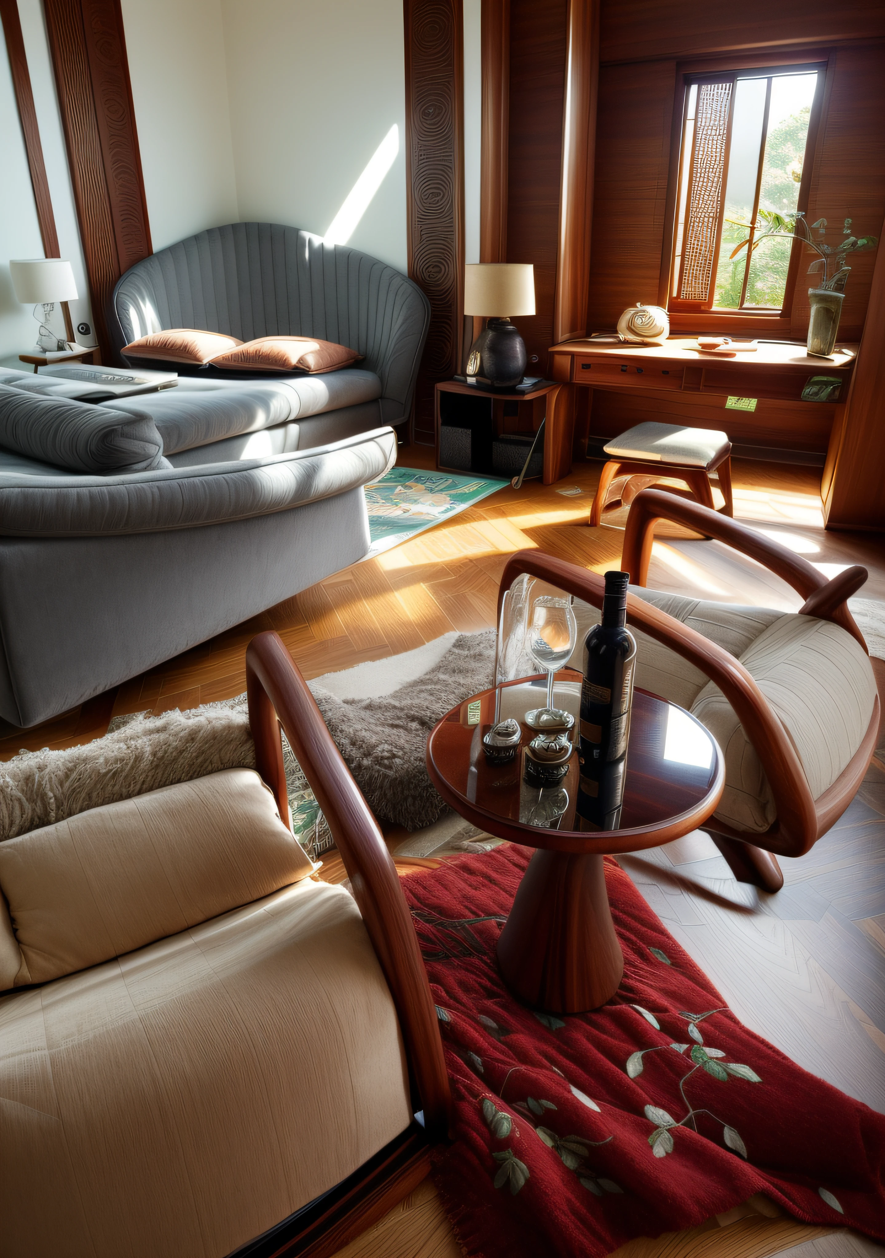Interior design、Crazy detailed wide-angle building photos、cozy contemporary living room、(Bright warm sunshine 1:0.1)、award-winning contemporary interior design、Red mahogany wood color、DL、a chair、in a house、wooden floor、east asian east asian architecture, lamp lights、buliding、(walnut grain:0.8)、interior design、Insert lights and shadows、depth of fields、low illuminance, led lighting walnut_furniture , flower, food, day, indoors, bag, cup, pillow, book, no_humans, window, bed, fruit, chair, table, sunlight, bottle, curtains, box, scenery, couch, wooden_floor, realistic, door, clock, cushion, shelf, vase, statue, painting_(object), still_life, carpet, picture_(object), rug, reflective_floor