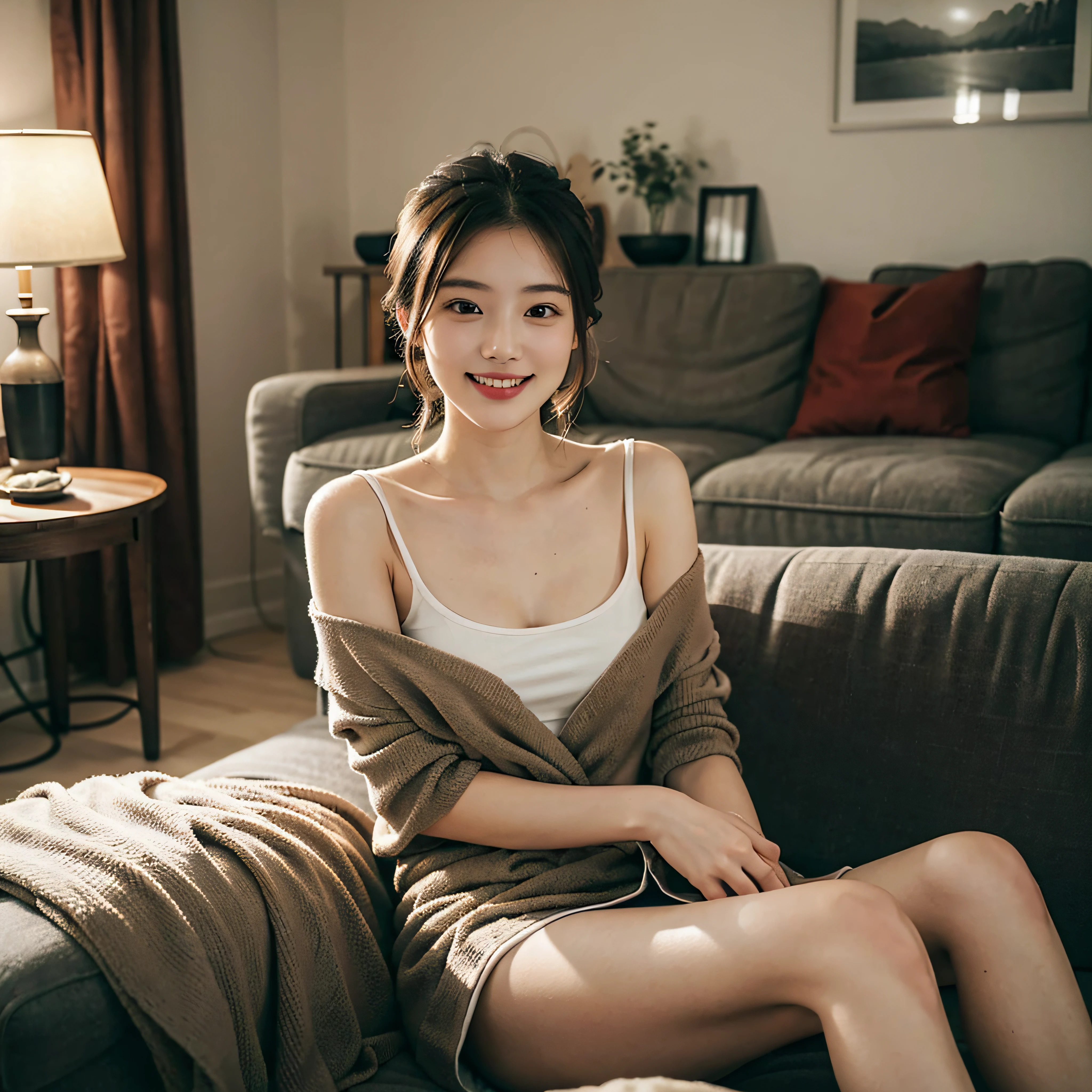 A girlfriend，Draped with hair， loose home wear，Sitting on the living room sofa，The house is small fresh design style，plants, warm lights，Simple，Fashionab，extreme detail，Very detailed，realisticlying, comfort and lovely welcoming smile,