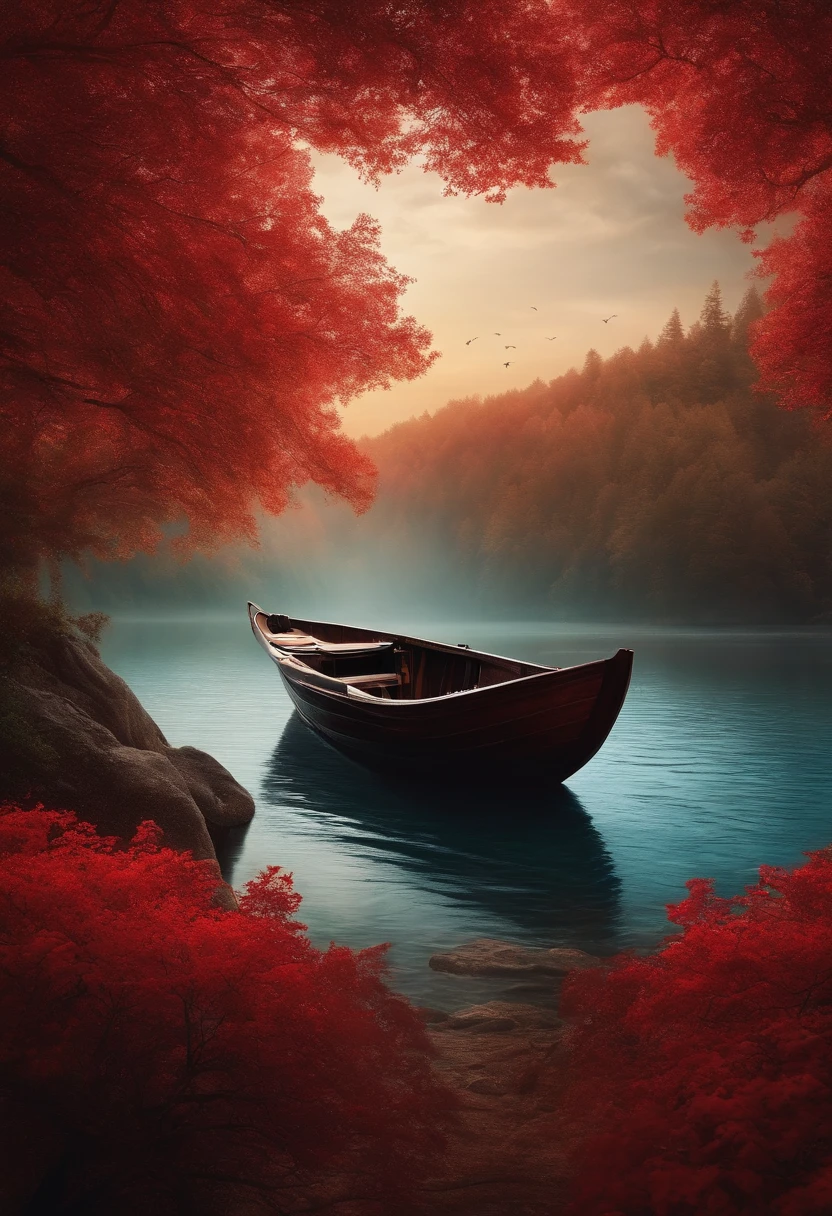 An image in the immensity with trees and forests in the shape of a heart and in it a boat with a poet inside on the sea air of a sea of blood
