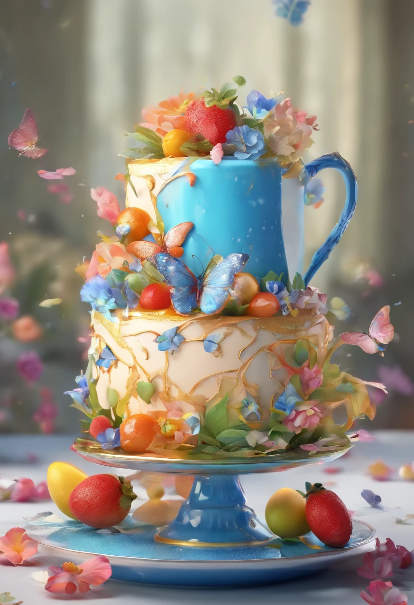 illustration, a 3D render (The cake is placed in a blue teacup), (Flowers, morango, Fruits, butterflys),Photography,A beautiful painting by Alphonse Mucha,glaze,An atmosphere of happiness,rendering by octane,corona rendered,High detail,hyper qualit,high resolution,8KUkiyo-e art,dripping paint,Easter eggs,Egg garnish,glass paint,