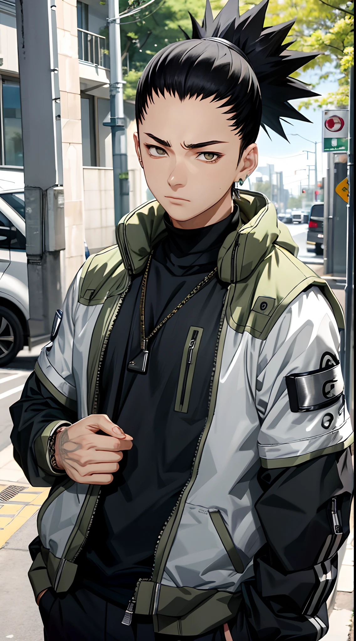 Masterpiece, 1boy, Superb Style, Urban Streetwear chothes, Outdoor, Upper Body, Shikamaru nara, bright eyes, black hair, cool boy