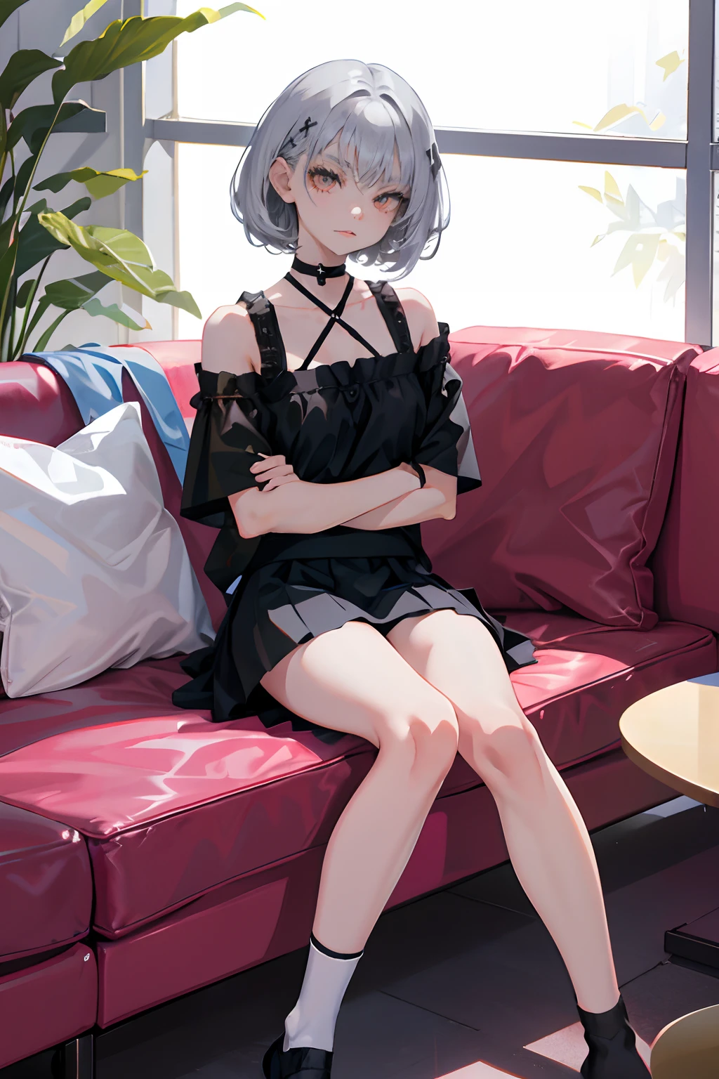 ，((Cross your arms over your chest))，（tmasterpiece，Highest quality），zettai ryouiki，upper legs，pleatedskirt，short sleeved top，pupils，silber hair，blackigeyes，Short curly hair，Black socks，Thin leg，sitting in the couch