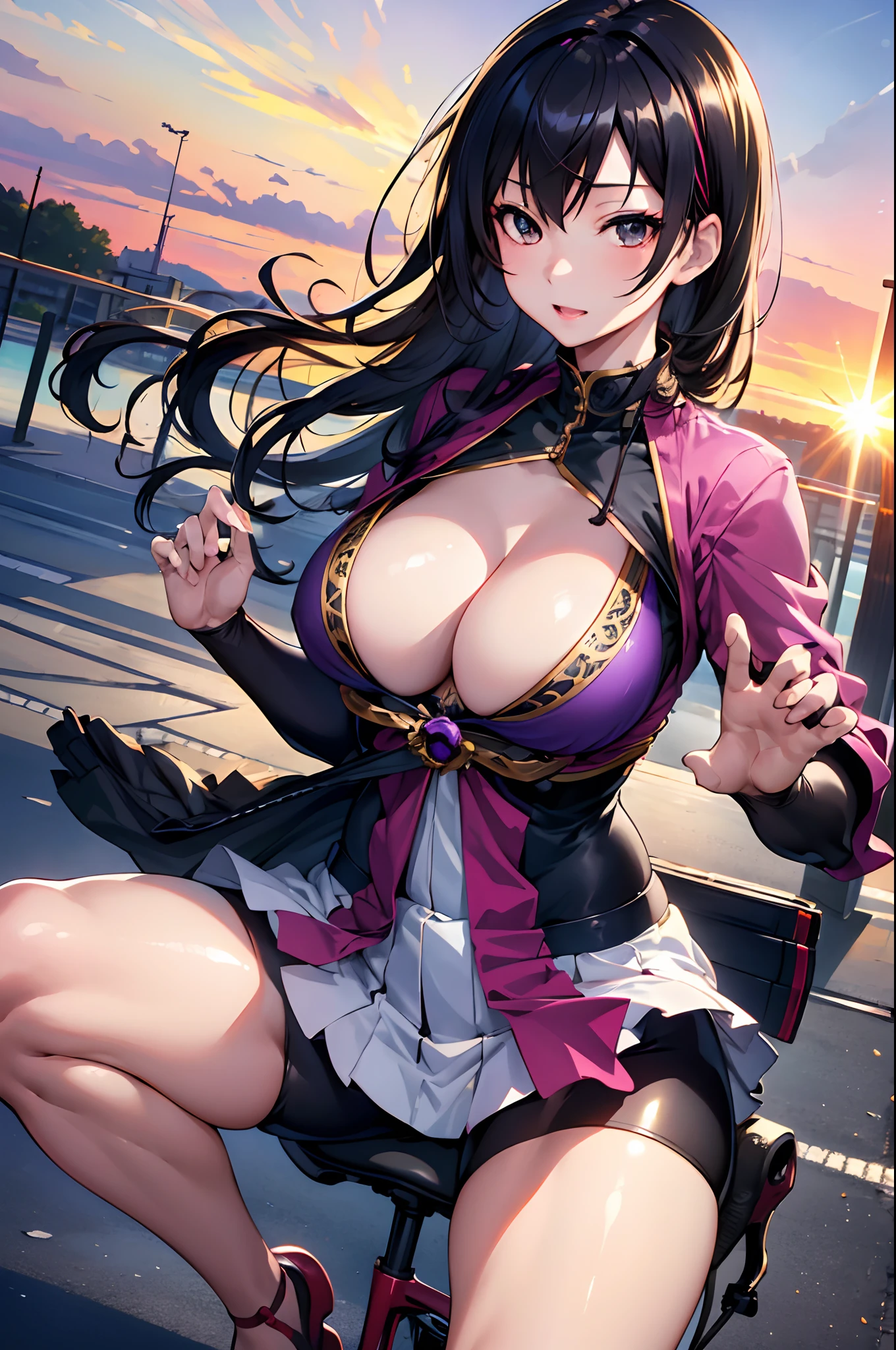 (masutepiece:1.3), (8K, Photorealistic, Raw photo, Best Quality: 1.4), Japanese, (1girl in), Beautiful face, (Realistic face), (Black hair), Beautiful hairstyle, Realistic eyes, Beautiful detailed eyes, (Realistic skin), Beautiful skin, Attractive, 超A high resolution, A hyper-realistic, Highly detailed, Golden ratio,Animated image of girl in uniform riding bicycle and flying in the sky