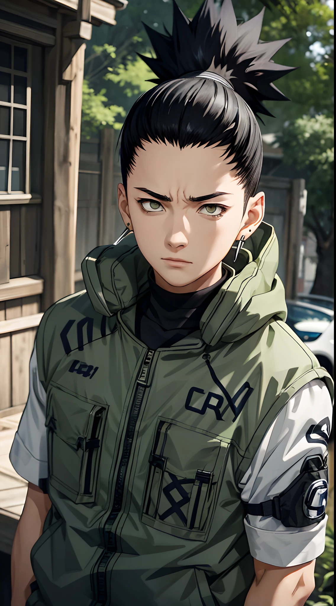 Masterpiece, 1boy, Superb Style, Urban Streetwear chothes, Outdoor, Upper Body, Shikamaru nara, bright eyes, black hair, cool boy