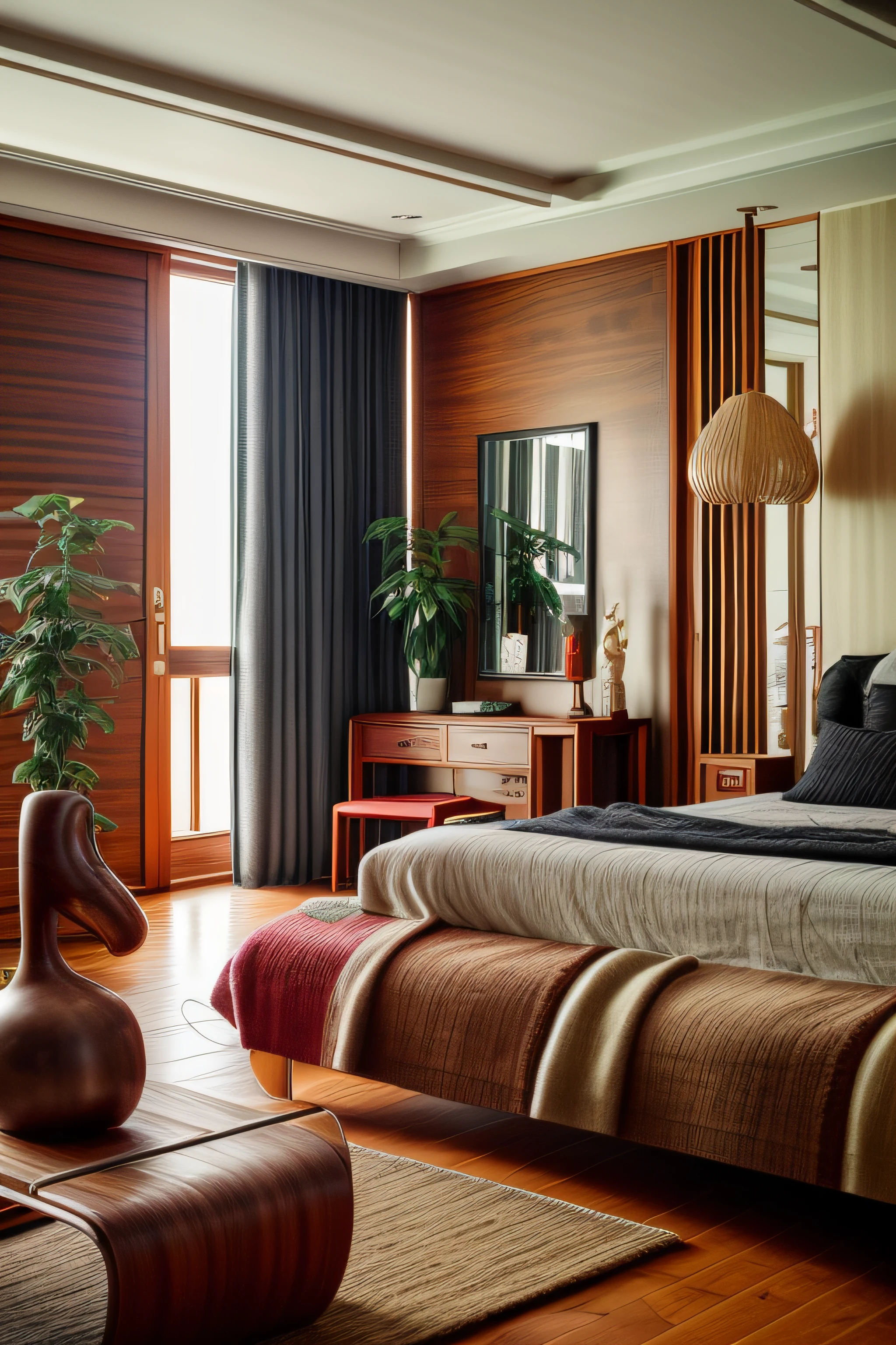 Interior design、Crazy detailed wide-angle building photos、cozy contemporary living room、(Bright warm sunshine 1:0.1)、award-winning contemporary interior design、Red mahogany wood color、DL、a chair、in a house、wooden floor、east asian east asian architecture, lamp lights、buliding、(walnut grain:0.8)、interior design、Insert lights and shadows、depth of fields、low illuminance, led lighting walnut_furniture , flower, food, day, indoors, bag, cup, pillow, book, no_humans, window, bed, fruit, chair, table, sunlight, bottle, curtains, box, scenery, couch, wooden_floor, realistic, door, clock, cushion, shelf, vase, statue, painting_(object), still_life, carpet, picture_(object), rug, reflective_floor