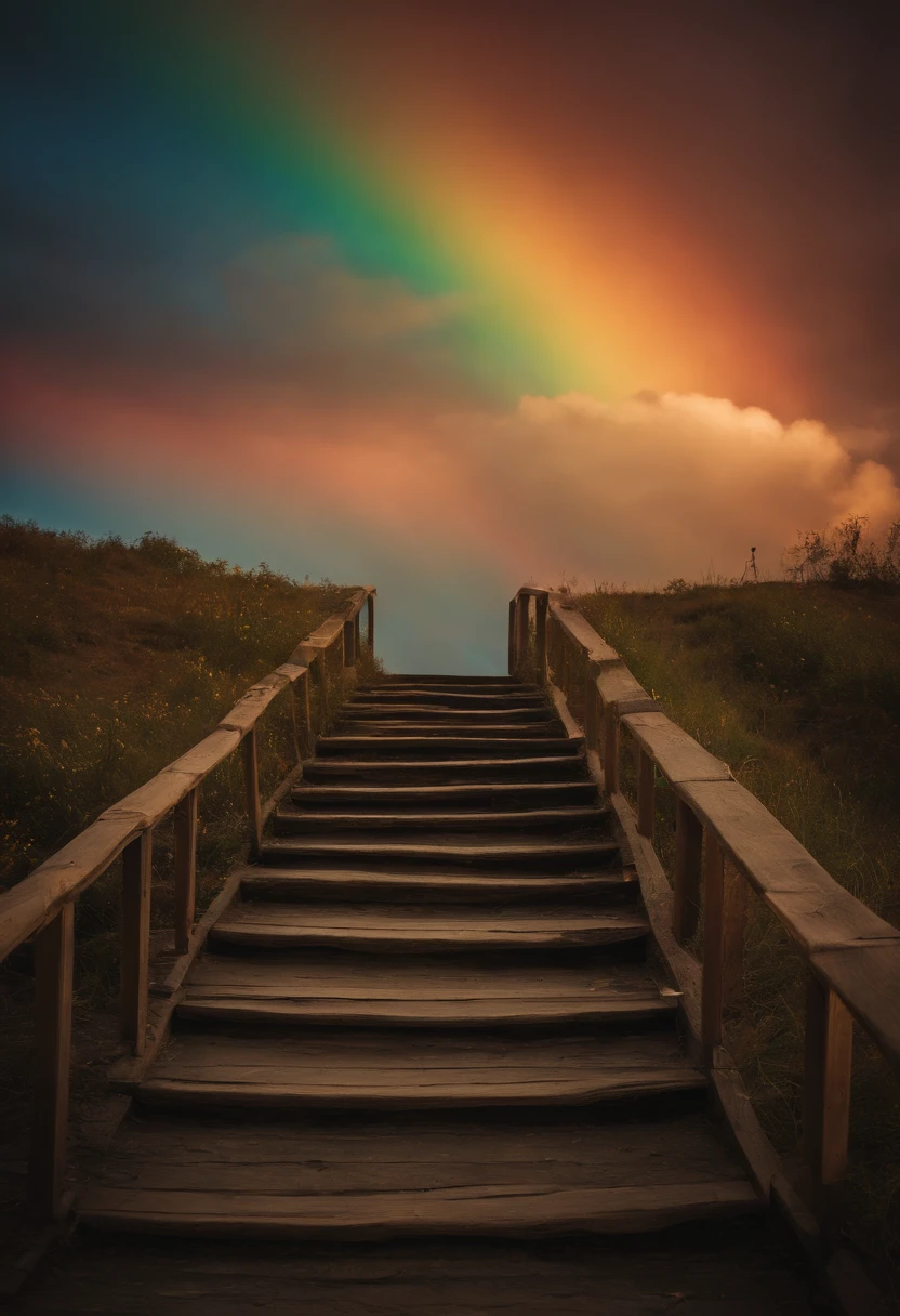 Close-up of the stairs leading to the rainbow sky, stairway to heaven, A very colorful heaven, stairs from hell to heaven, Leading to the Sky, Rainbow clouds, Colors of Heaven, Rainbow Trail, Colorful sky, Rainbow clouds, Heaven!!!!!!!!, rainbow, Rainbow colors, Psychedelic sky, In beautiful colors, Irridescent color, colorful dream, colorful skies