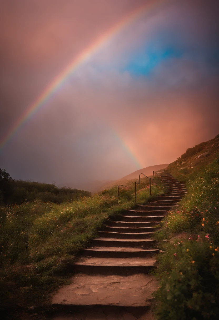 Close-up of the stairs leading to the rainbow sky, stairway to heaven, A very colorful heaven, stairs from hell to heaven, Leading to the Sky, Rainbow clouds, Colors of Heaven, Rainbow Trail, Colorful sky, Rainbow clouds, Heaven!!!!!!!!, rainbow, Rainbow colors, Psychedelic sky, In beautiful colors, Irridescent color, colorful dream, colorful skies