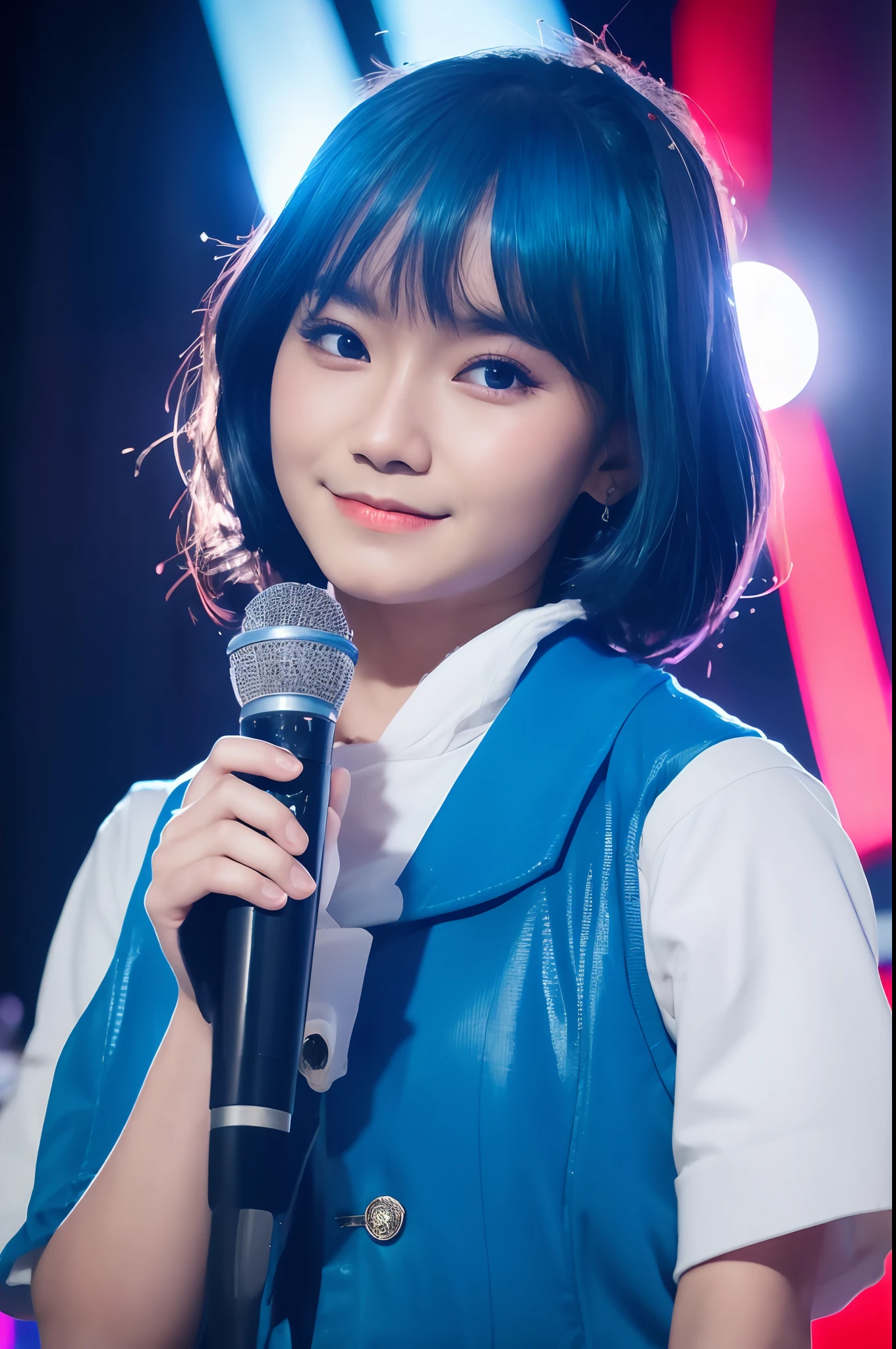 freya from JKT48, idol, indonesian girl, ash blue hair, wearing a blue japanese school unform, in the stage, close up, looking at camera, cinematic, sharp lense, professional photographie, 70mm lense, soft light, colorful background, 4k