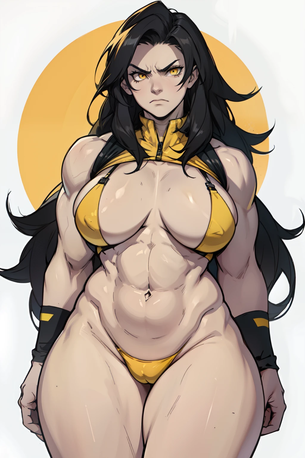 pale skin 1girl huge breasts bodybuilder muscular toned body wide hips curvy thick thighs black hair yellow eyes angry extremely long hair