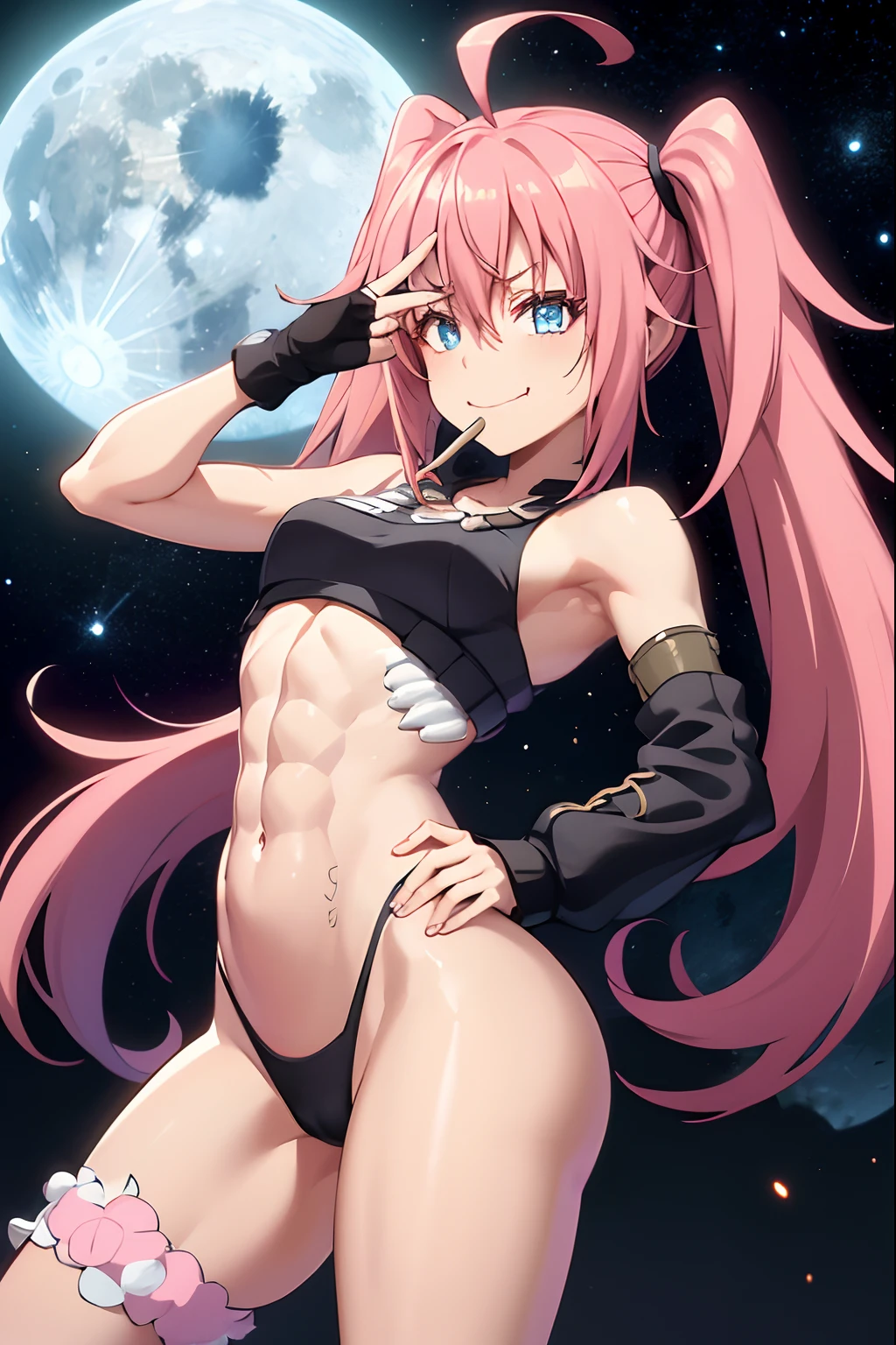((female)), (very messy hair), pigtails, (happy smile), Fangs, ((ripped abs)), toned arms and legs, medium breasts, excessive sweating, (on the moon with a starry sky and showing the planet earth), bright blue eyes, ((pink hair)), barefoot, ((stand)), (((Facing me in a sensual pose with the index finger of her right hand in her mouth ))), ((using just a thong)),