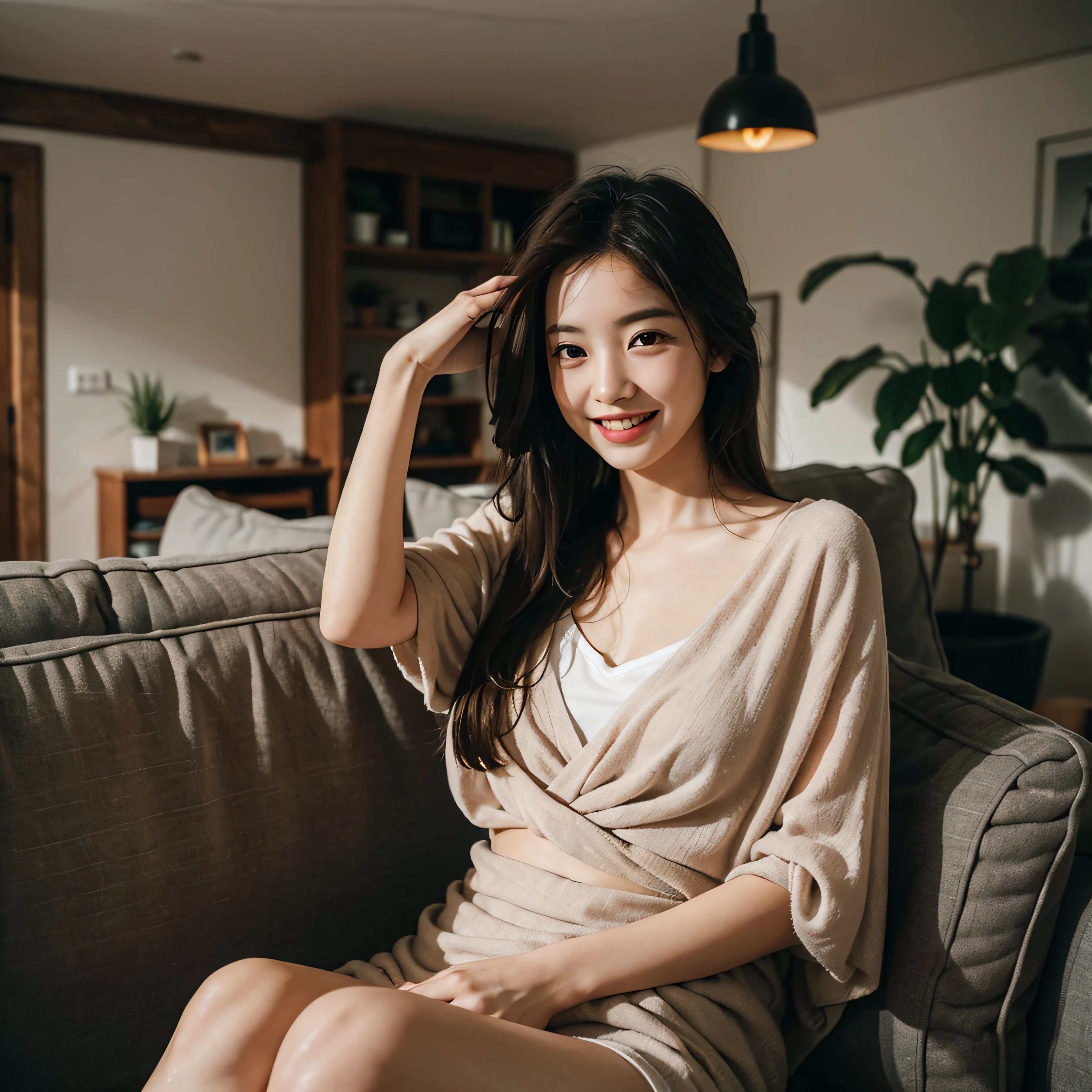 A girlfriend,Draped with hair, loose home wear,Sitting on the living room sofa,The house is small fresh design style,plants, warm lights,Simple,Fashionab,extreme detail,Very detailed,realisticlying, comfort and lovely welcoming smile,