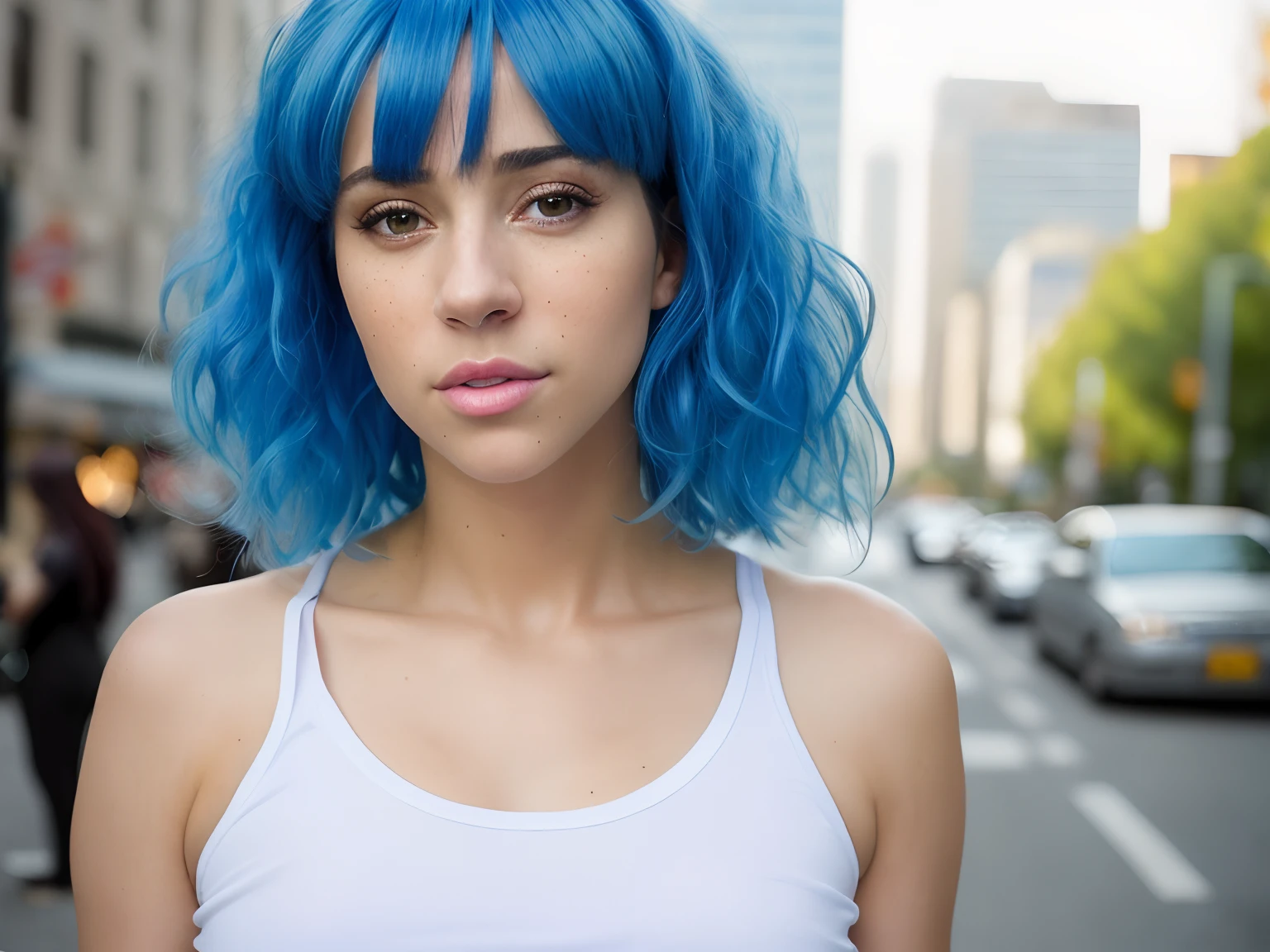 (masterpiece:1.4), (8k, photorealistic, RAW photo, best quality: 1.4), (one girl:1.5), beautiful face, (realistic face), (brown hair, neon blue hair wig, one shade, long curly with bangs, (enhanced salon perfect hair), beautiful hairstyle, realistic eyes, beautiful detailed eyes, (realistic skin), beautiful skin, (tight t-shirt), attractive, ultra high res, ultra-realistic, highly detailed, golden ratio, (caucasian:1.5),(photo realistic:1.4), (hyper realistic:1.4), (realistic:1.3), (smoother lighting:1.05), (increase cinematic lighting quality:0.9), 32K, 1girl, realistic lighting, backlighting, light on face, ray trace, (brightening light:1.2), bohken lights, dressed, (jennifer love hewitt:0.8), busy street background